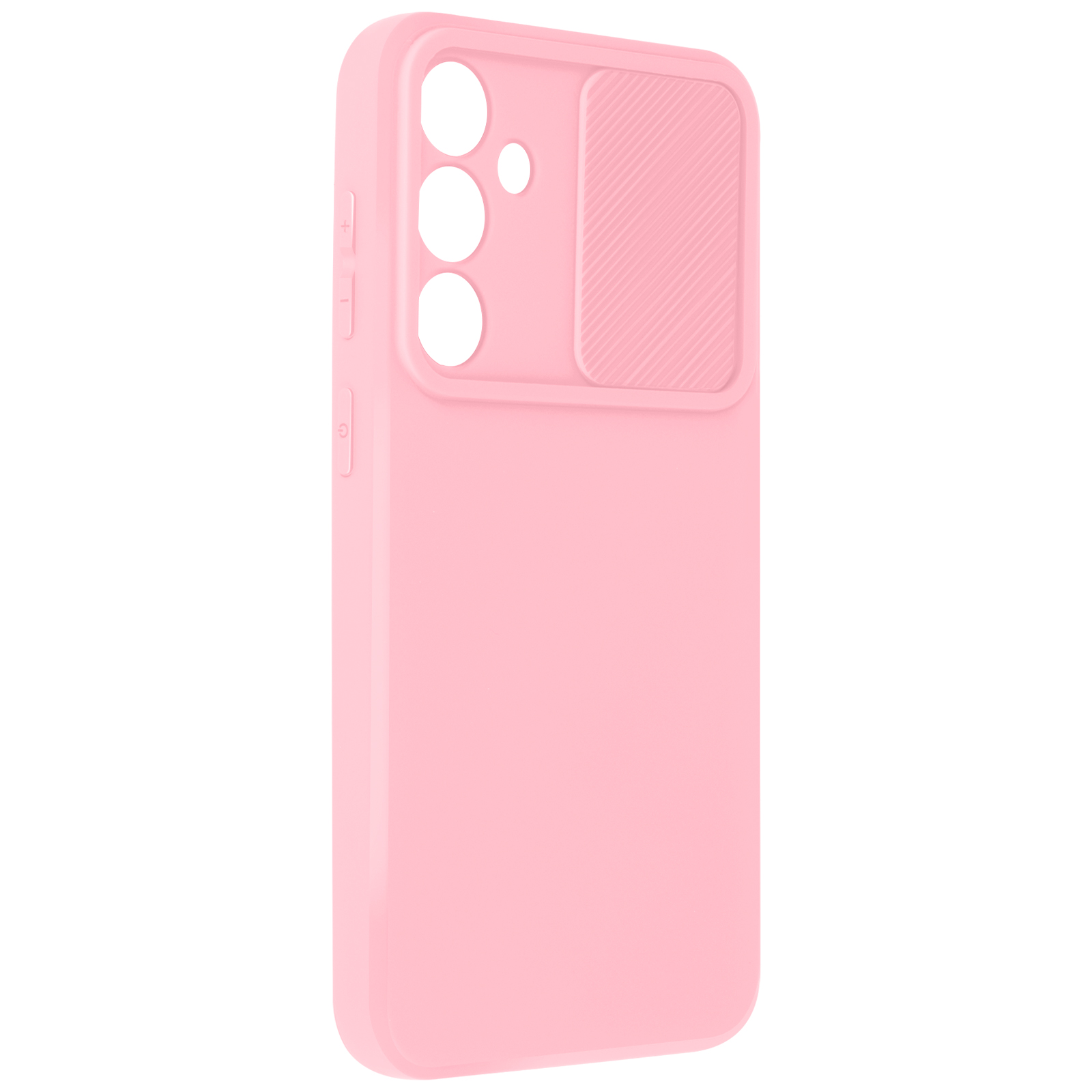 Una custodia per telefono rosa con un ritaglio per la fotocamera e un cursore strutturato.
