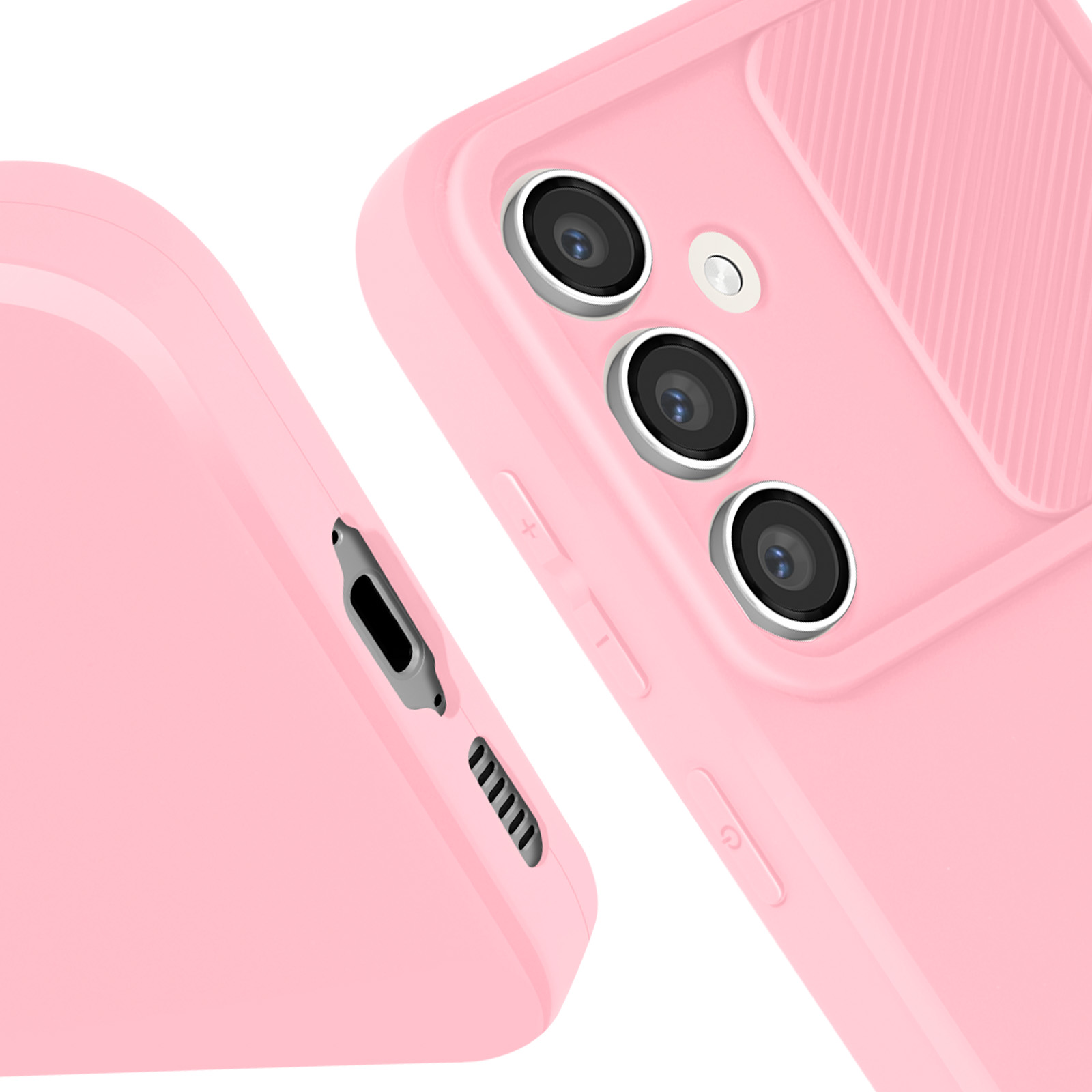 Custodia rosa per telefono con tre obiettivi e pulsanti laterali. Primo piano su sfondo bianco.