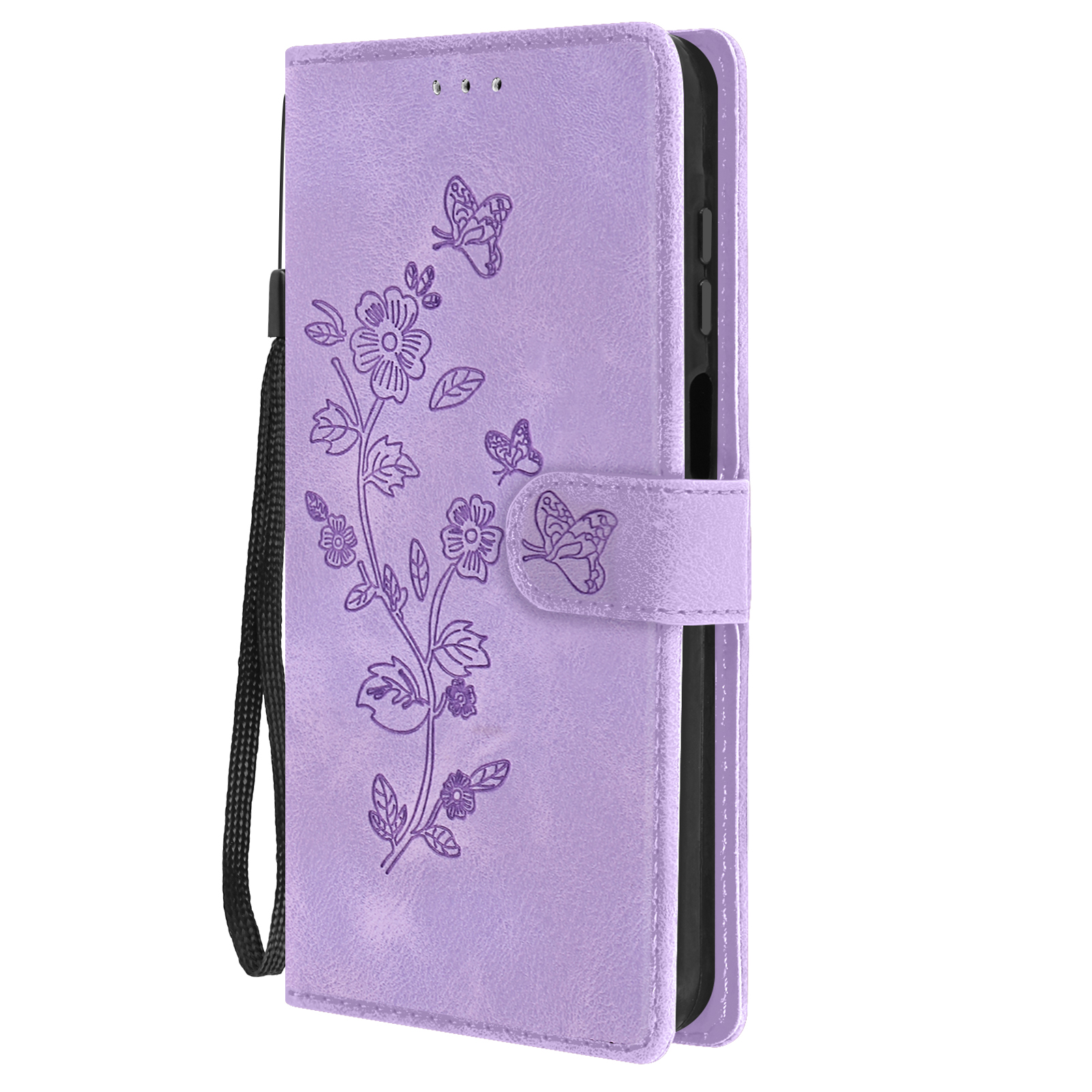 Una custodia per telefono a portafoglio viola con un design floreale e un cinturino da polso nero.
