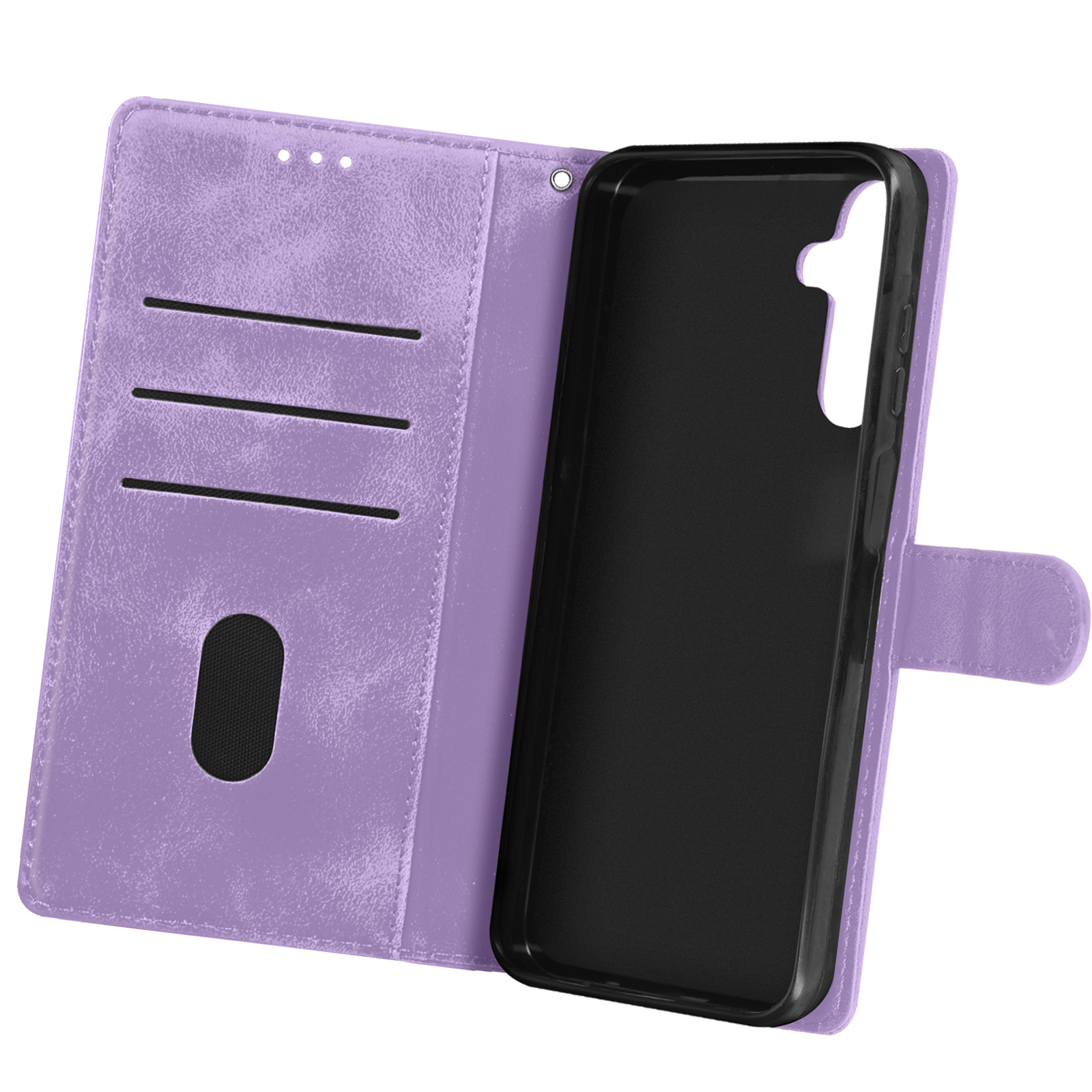 Custodia per telefono viola aperta, che mostra custodia nera e slot per schede.