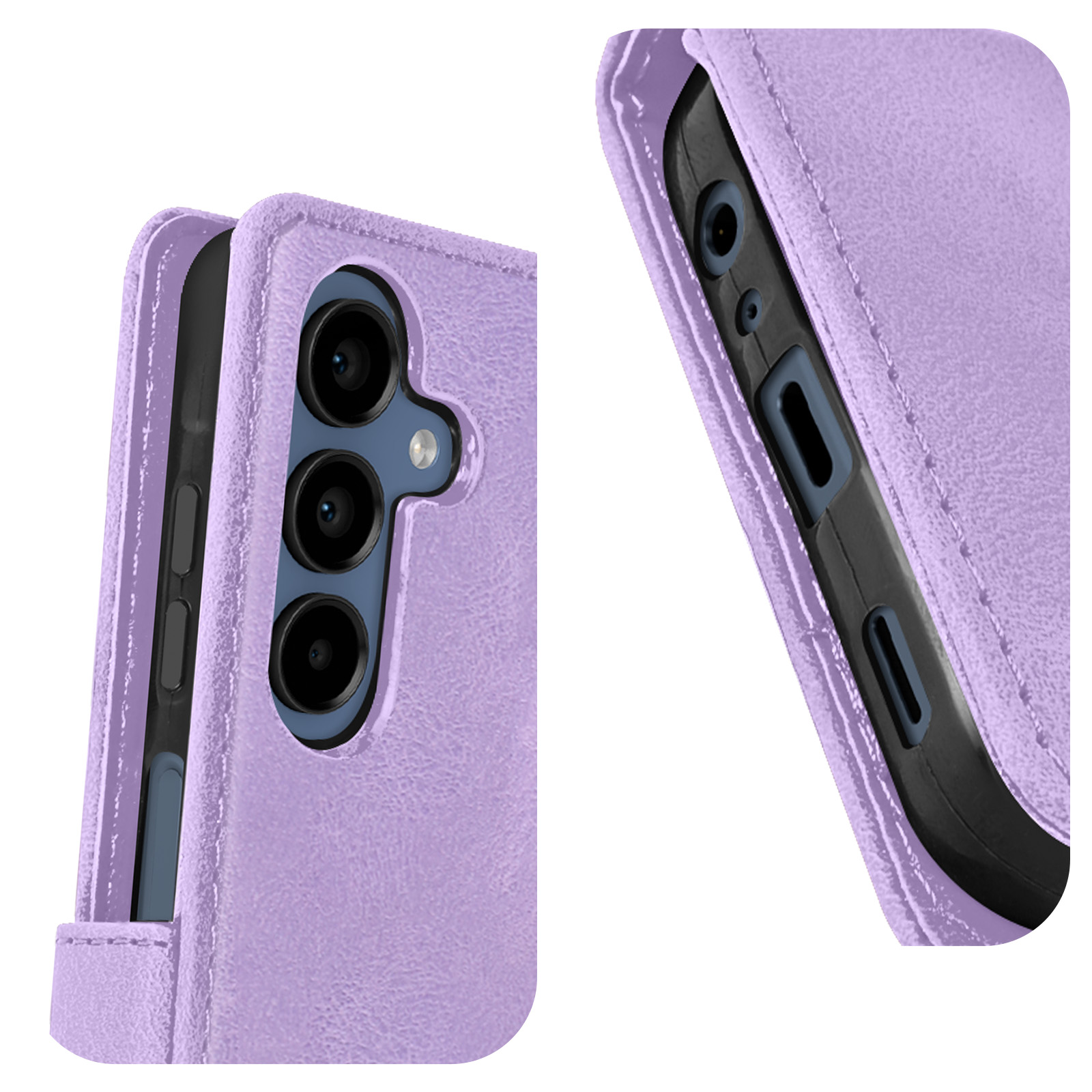Primo piano di una custodia per telefono viola con un telefono all'interno. La custodia ha ritagli per la fotocamera e un pulsante laterale.