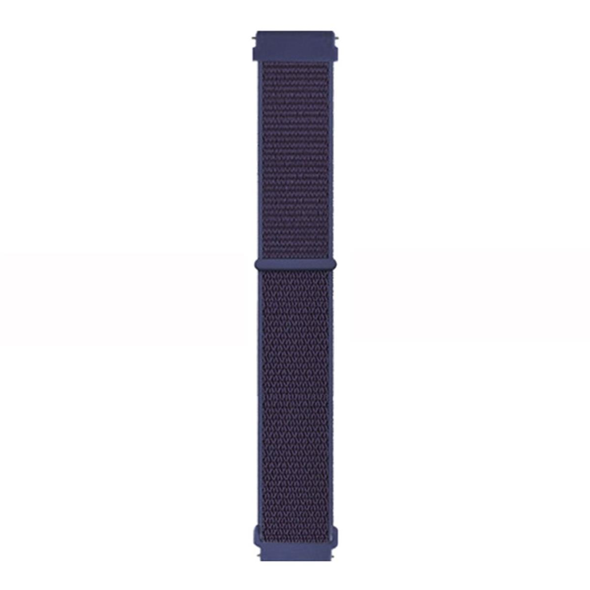 Blaues Stoff-Uhrenarmband auf weißem Grund. Das Armband ist rechteckig. Eine Schnalle ist vorhanden.