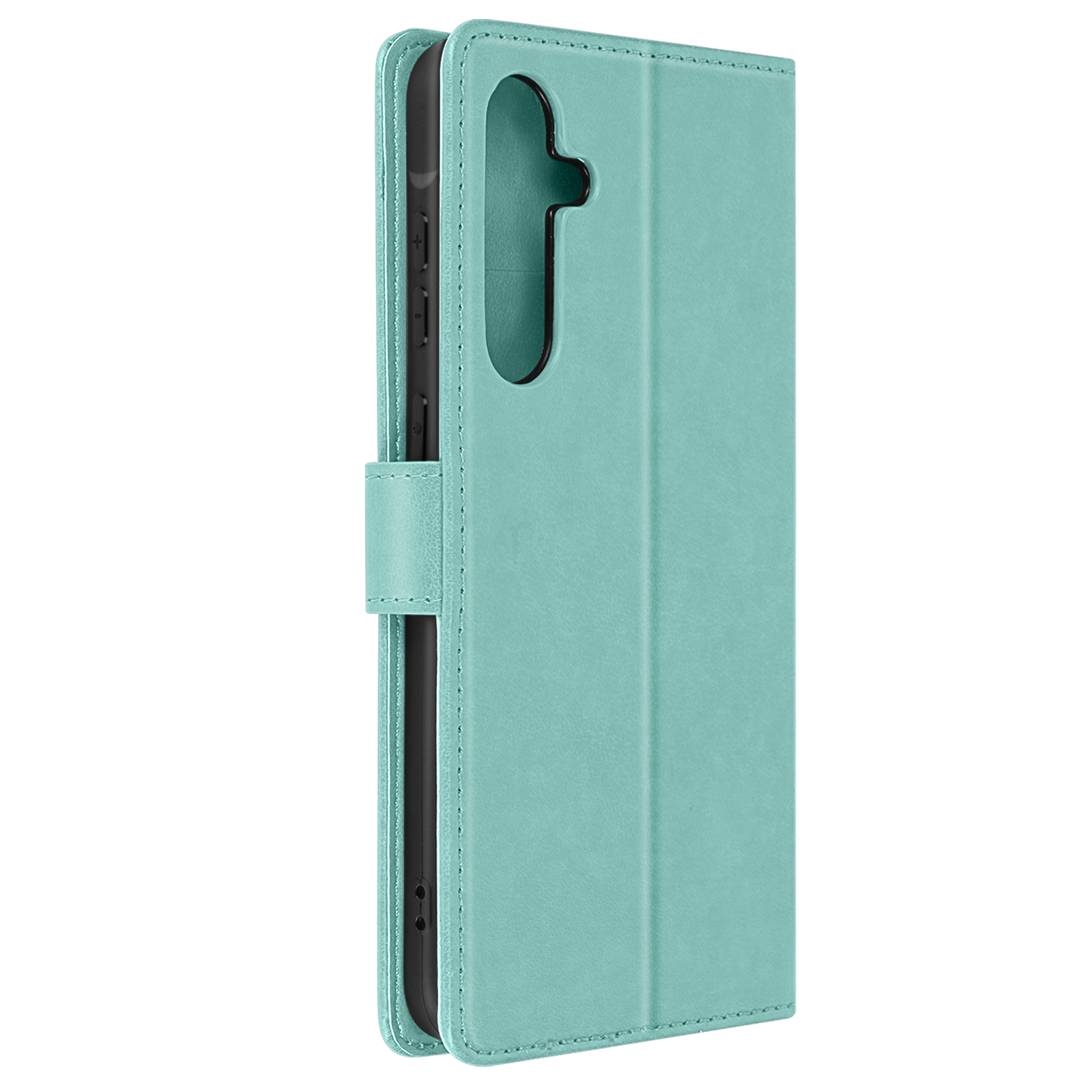 Una custodia per telefono color verde acqua, aperta, che mostra l'interno e il supporto per il telefono.