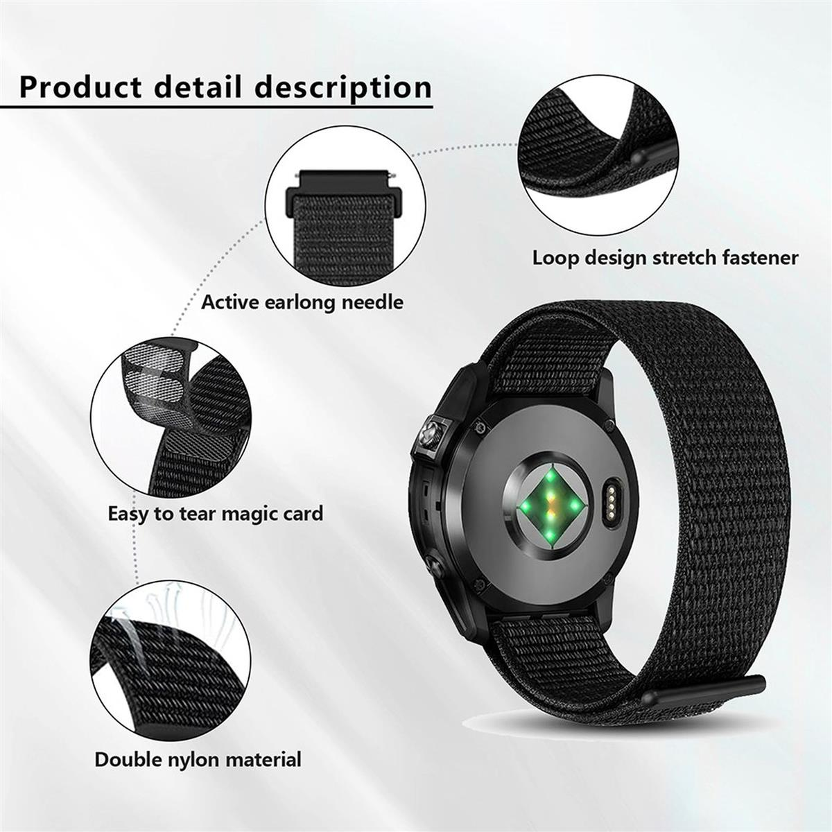 Nahaufnahme einer Smartwatch mit schwarzem Nylonarmband, Details und Produktbeschreibung.