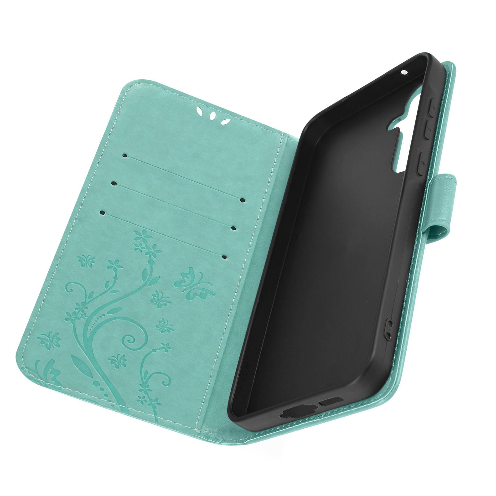 Custodia per telefono turchese aperta, che rivela la cornice e gli slot per schede con design floreale.