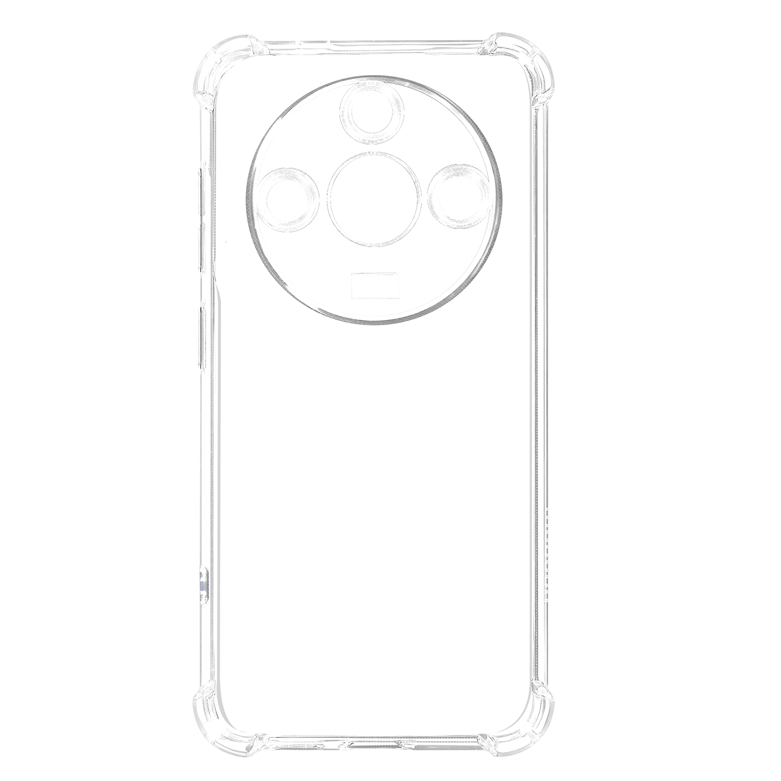 Custodia trasparente per telefono con fori per fotocamera, che mostra il design posteriore.
