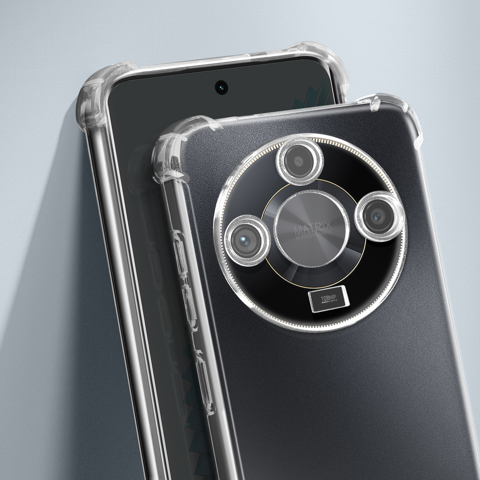Due telefoni neri con custodie trasparenti, impilati. Un telefono ha un anello per fotocamera.