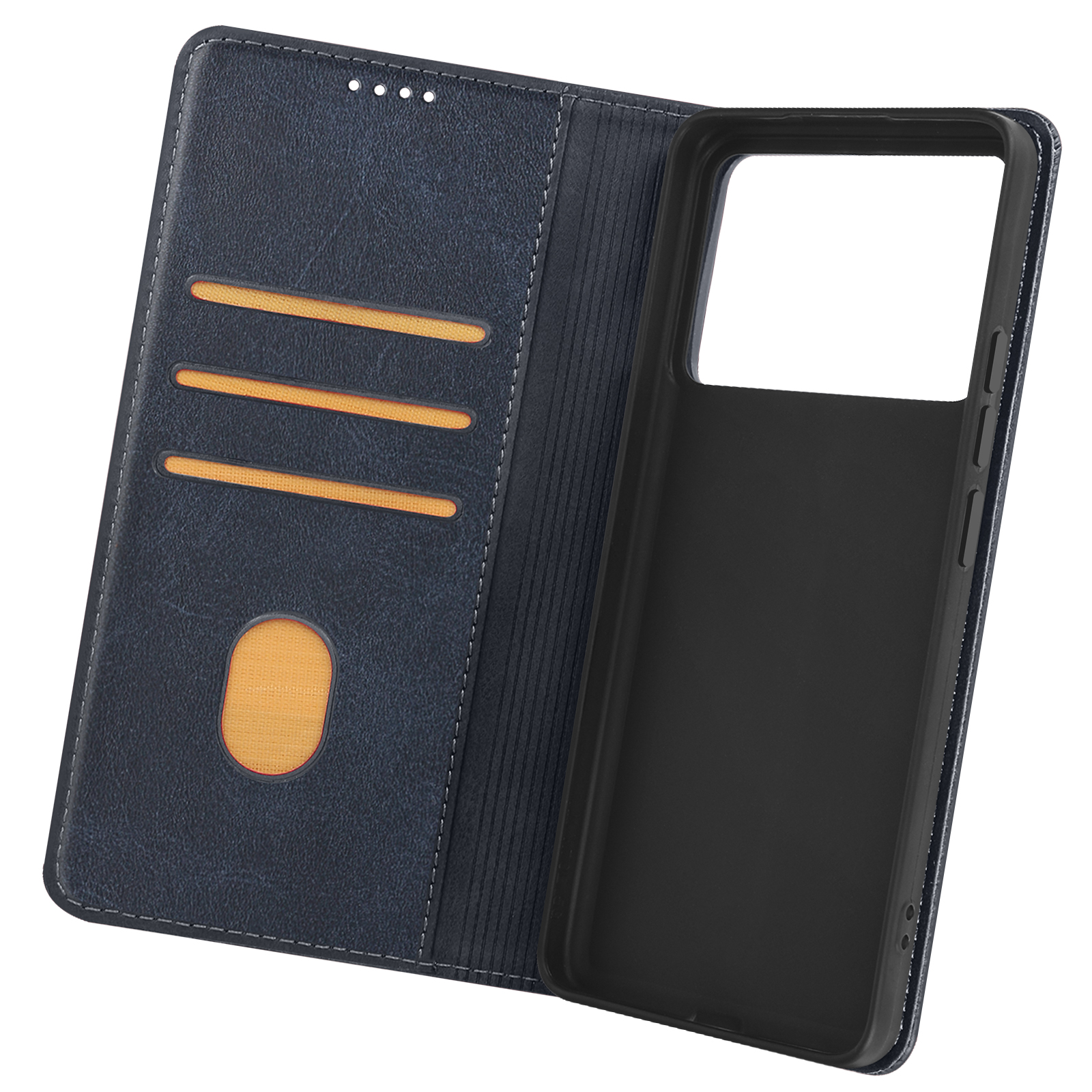 Una custodia per telefono in pelle blu aperta con fessure per carte e una fodera interna arancione.
