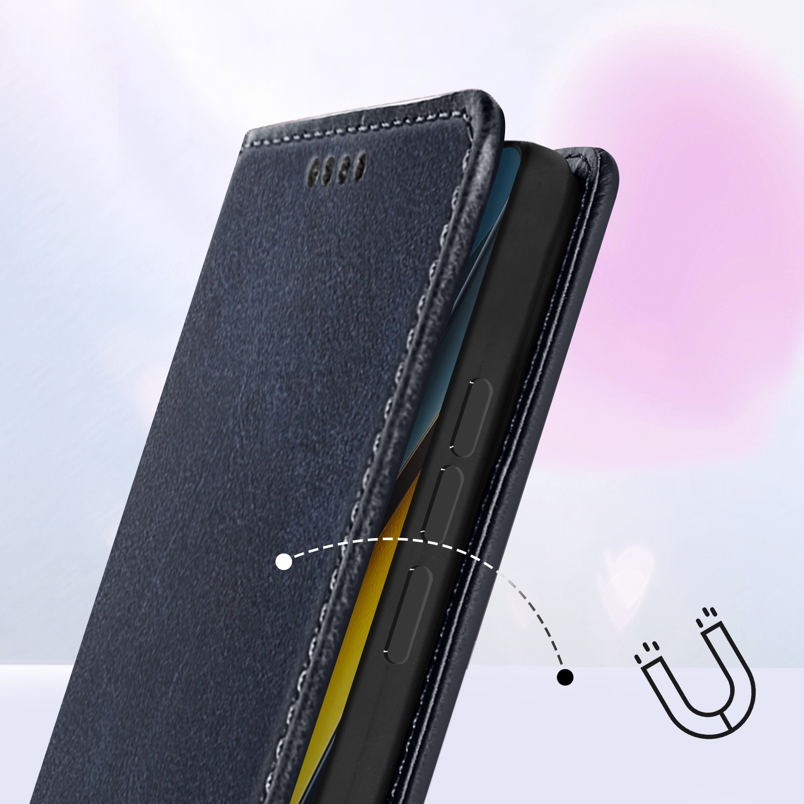 Una custodia per telefono blu scuro, aperta. Un telefono nero all'interno. Icona magnetica.