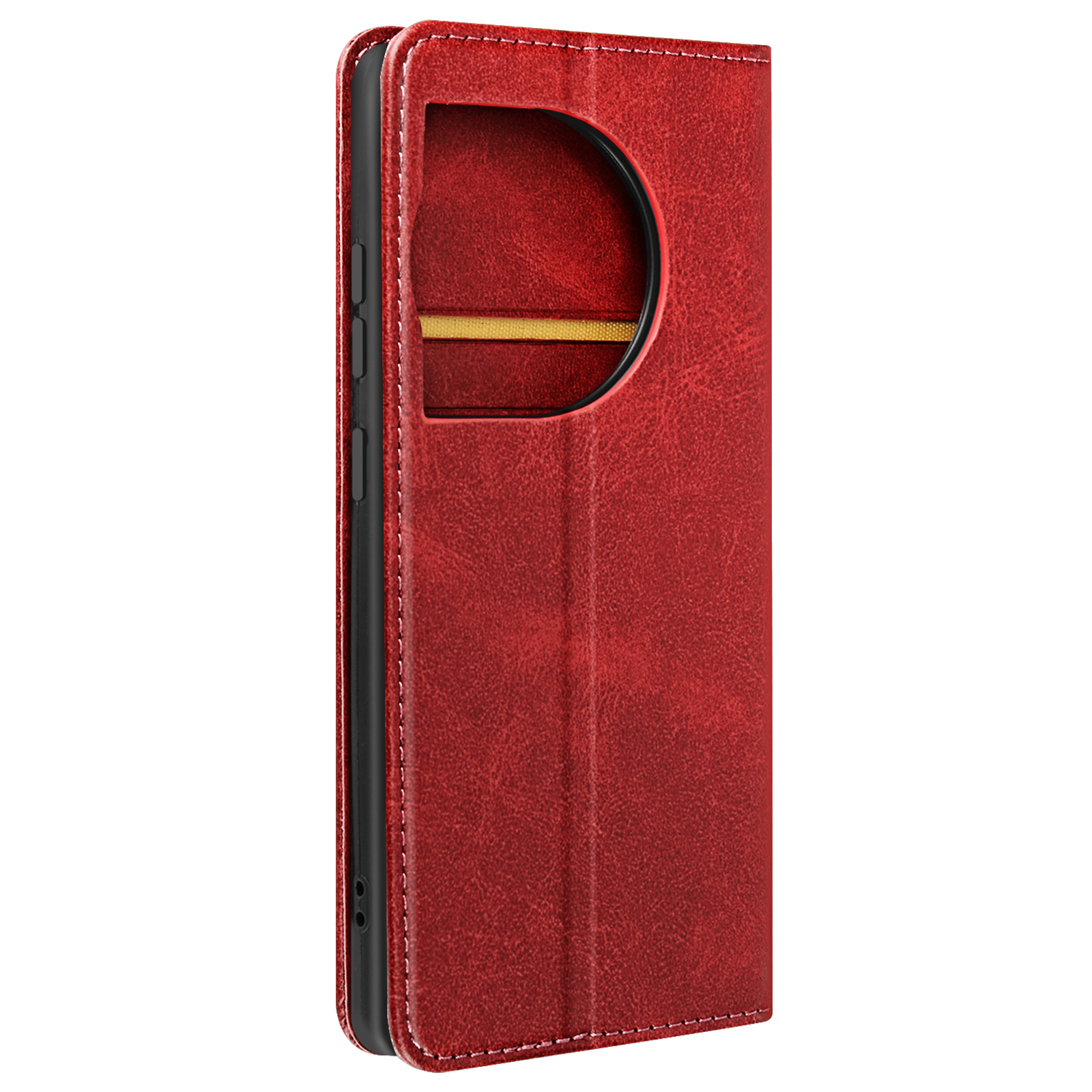 Eine rote Leder-Handyhülle mit Fenster und weißen Nähten. Es ist in geschlossener Position.