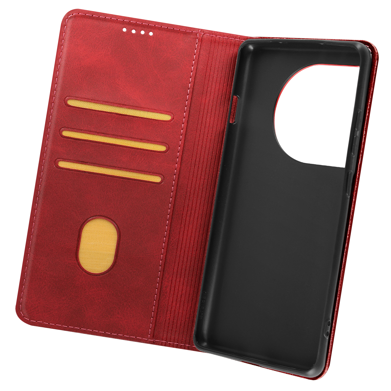 Eine offene rote Leder-Handyhülle, die einen schwarzen Telefonhalter zeigt.