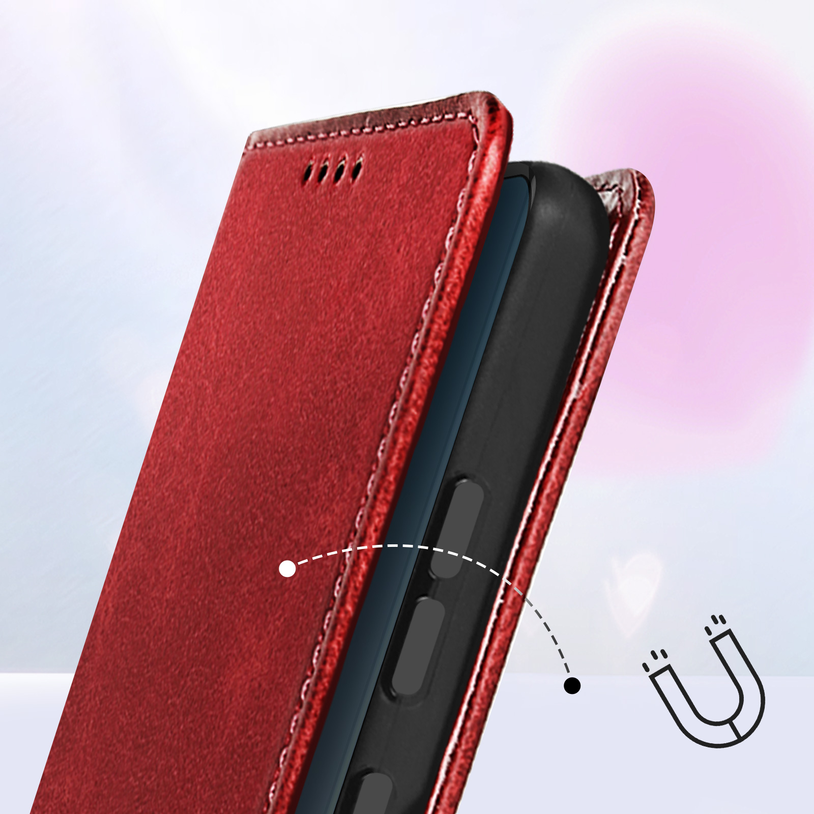 Rote Leder-Handyhülle geöffnet, zeigt ein schwarzes Telefon. Ein Magnet-Symbol ist zu sehen.