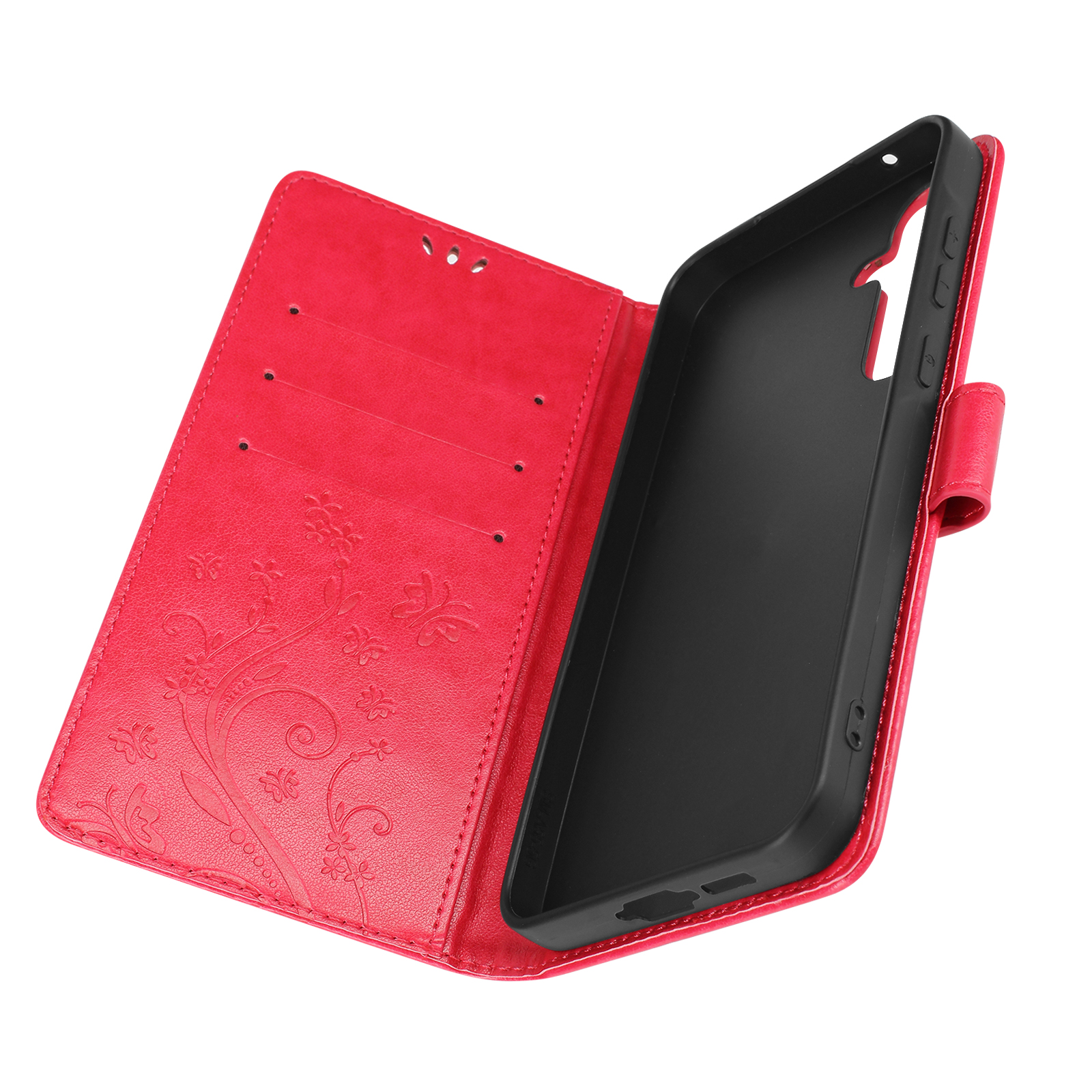 Custodia per telefono rossa aperta con design floreale, supporto nero, su bianco.