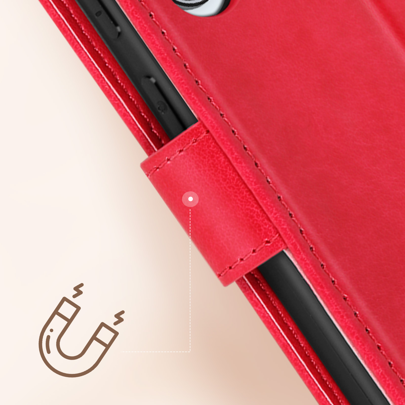 Custodia per telefono rossa con chiusura magnetica. Un simbolo di magnete indica la funzione.