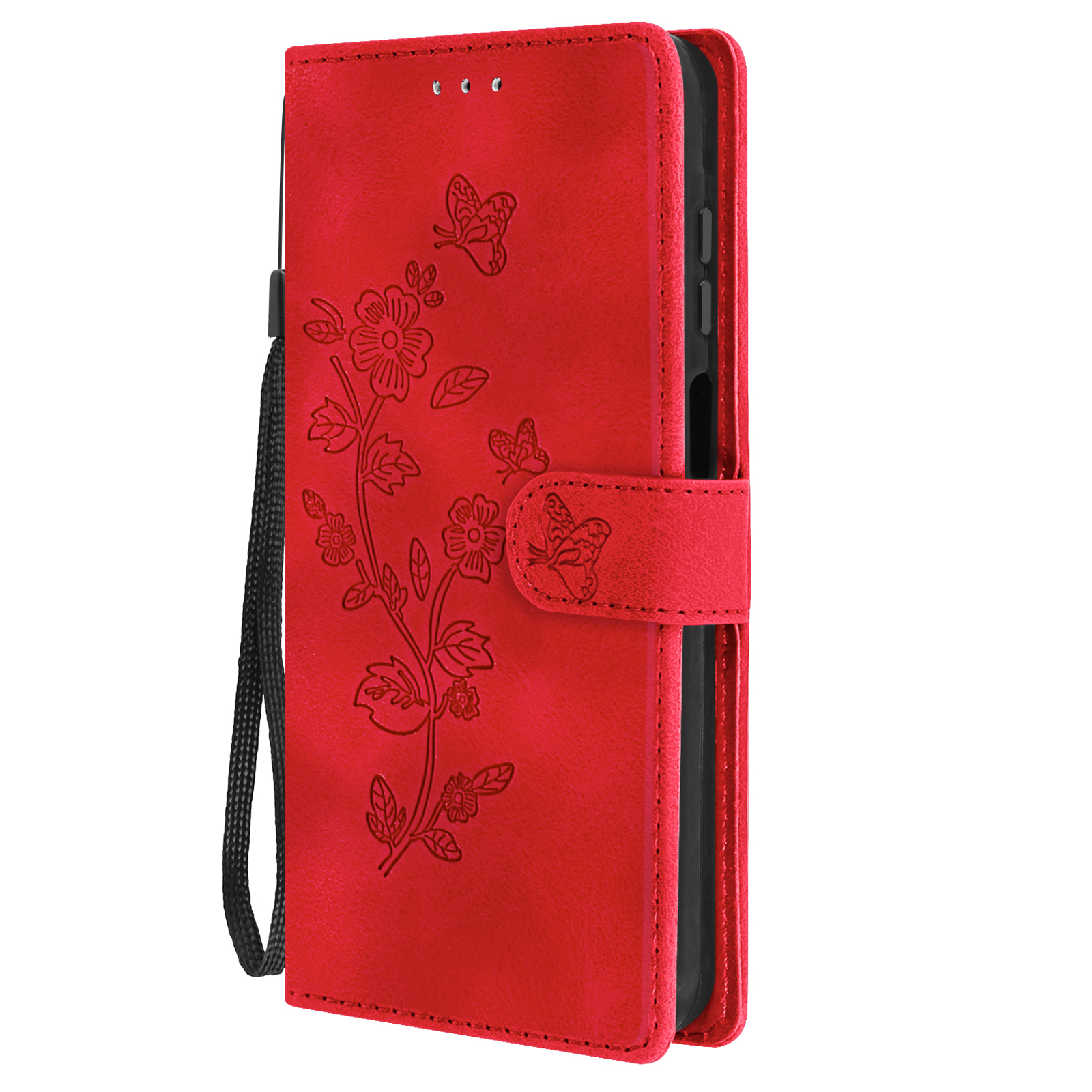 Custodia rossa per telefono con disegni floreali e farfalle. Include cinturino.