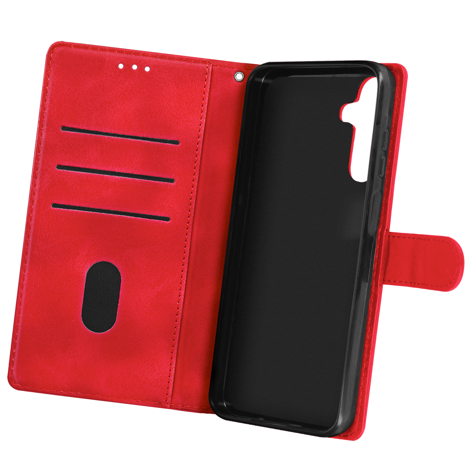 Una custodia per telefono rossa aperta con slot per carte e un supporto per telefono nero.