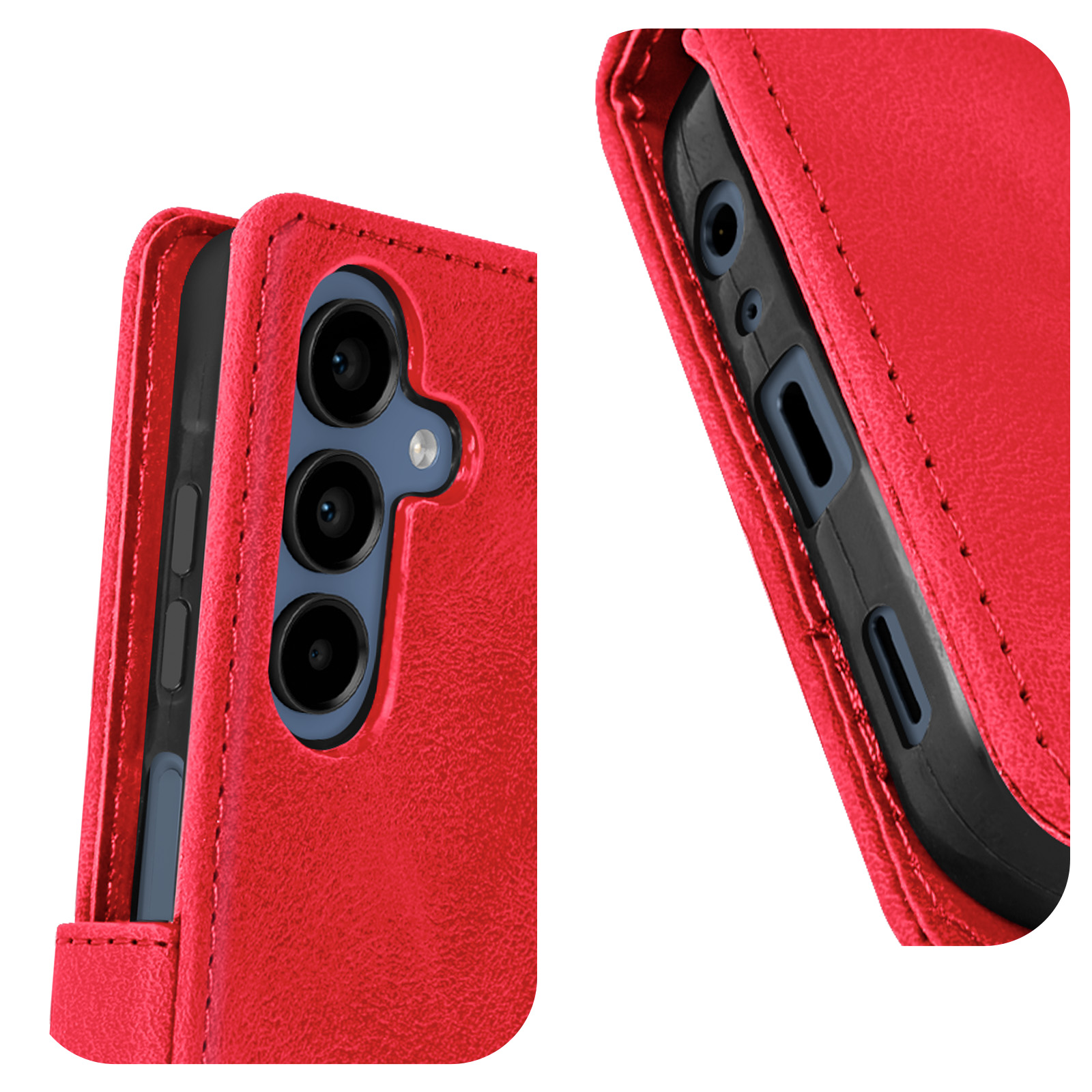 Una custodia per telefono rossa con un telefono all'interno. La custodia aperta mostra la fotocamera e le porte del telefono.