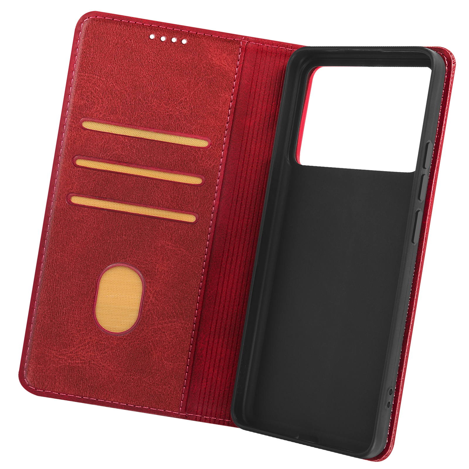 Una custodia in pelle rossa aperta, con un telefono nero e fessure per carte visibili.