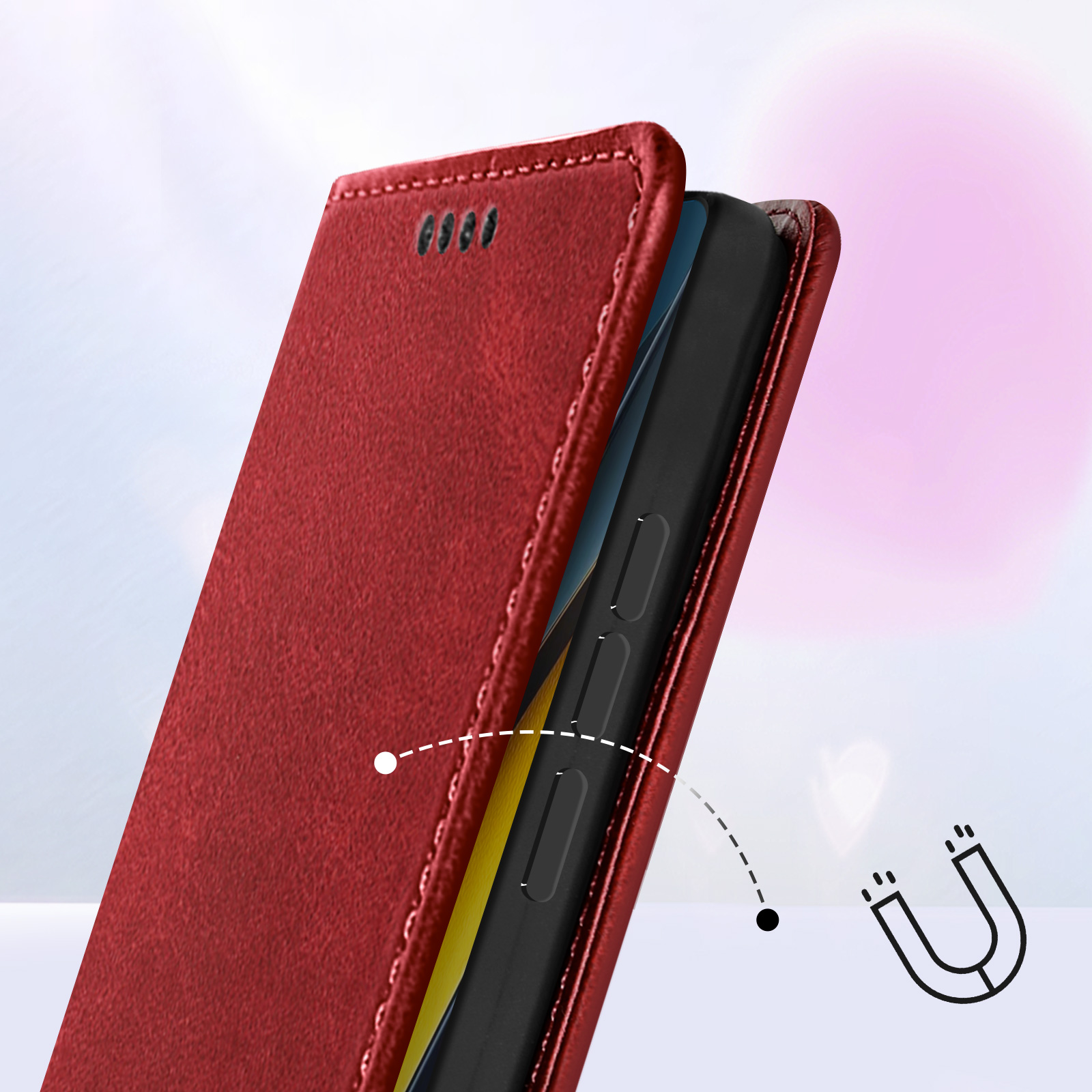 Custodia per telefono in pelle rossa con telefono nero, che mostra la chiusura magnetica.