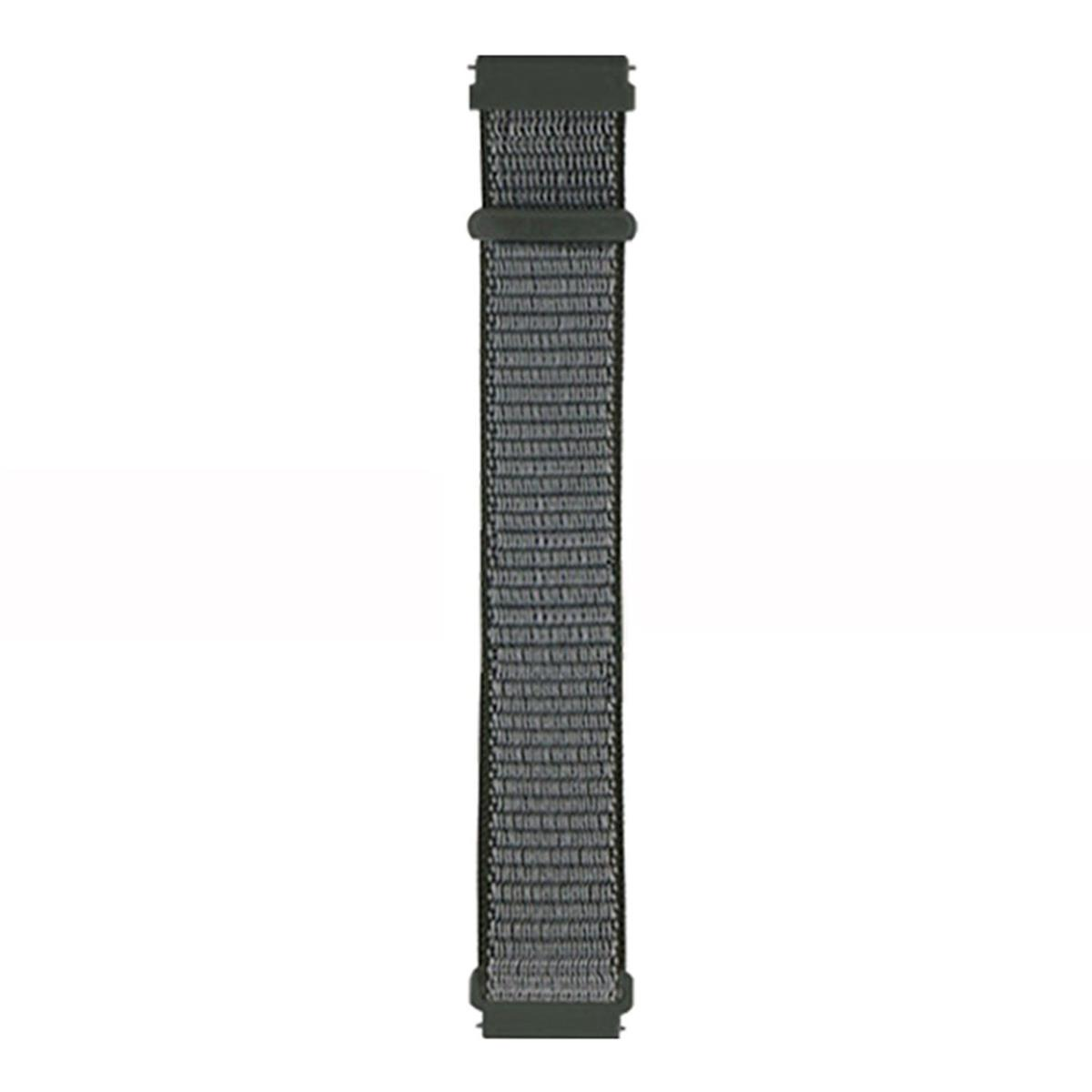 Ein graues und schwarzes Nylon-Uhrenarmband mit Metallverschluss auf weißem Hintergrund.