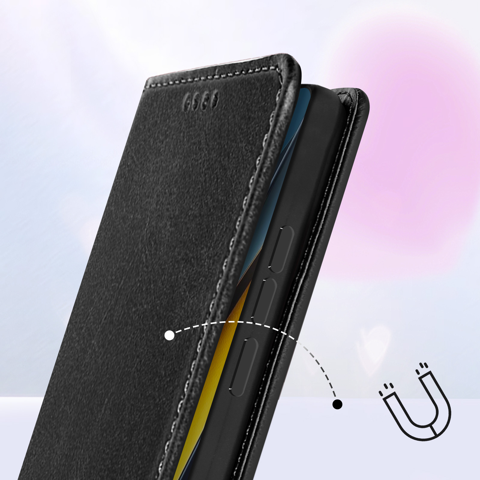 Custodia per telefono in pelle nera con chiusura magnetica. Viene mostrato un simbolo magnetico.