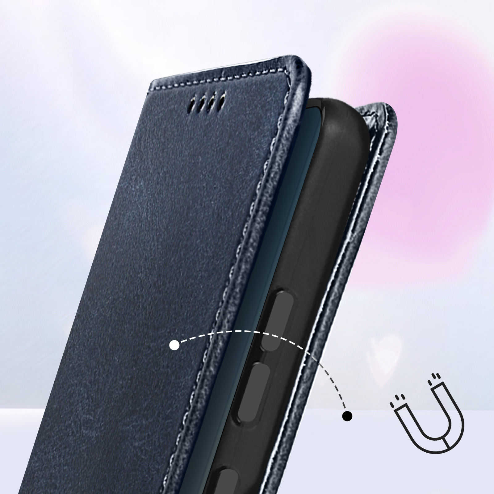 Una custodia per telefono blu scuro, con chiusura magnetica, vista da vicino.