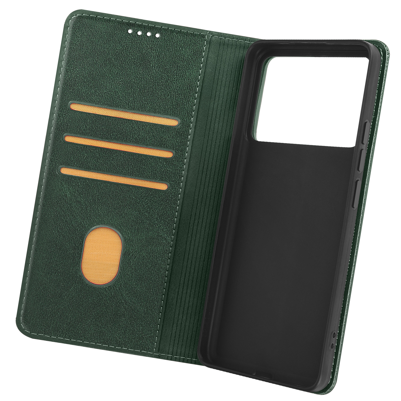 Una custodia per telefono in pelle verde aperta con fessure per carte e un supporto per telefono nero.
