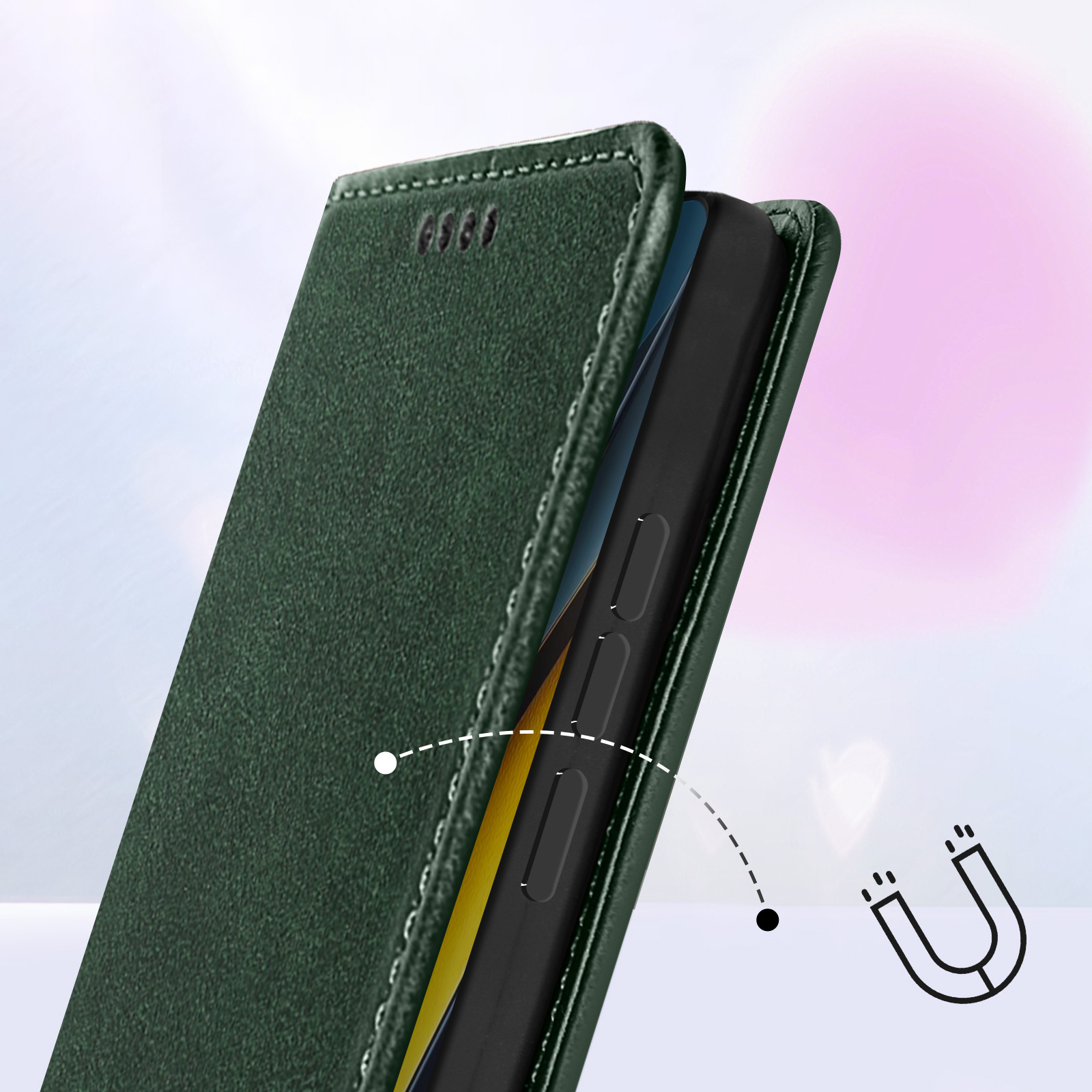 Custodia per telefono con telefono all'interno, chiusura magnetica. Esterno verde, telefono nero. Sfondo rosa.