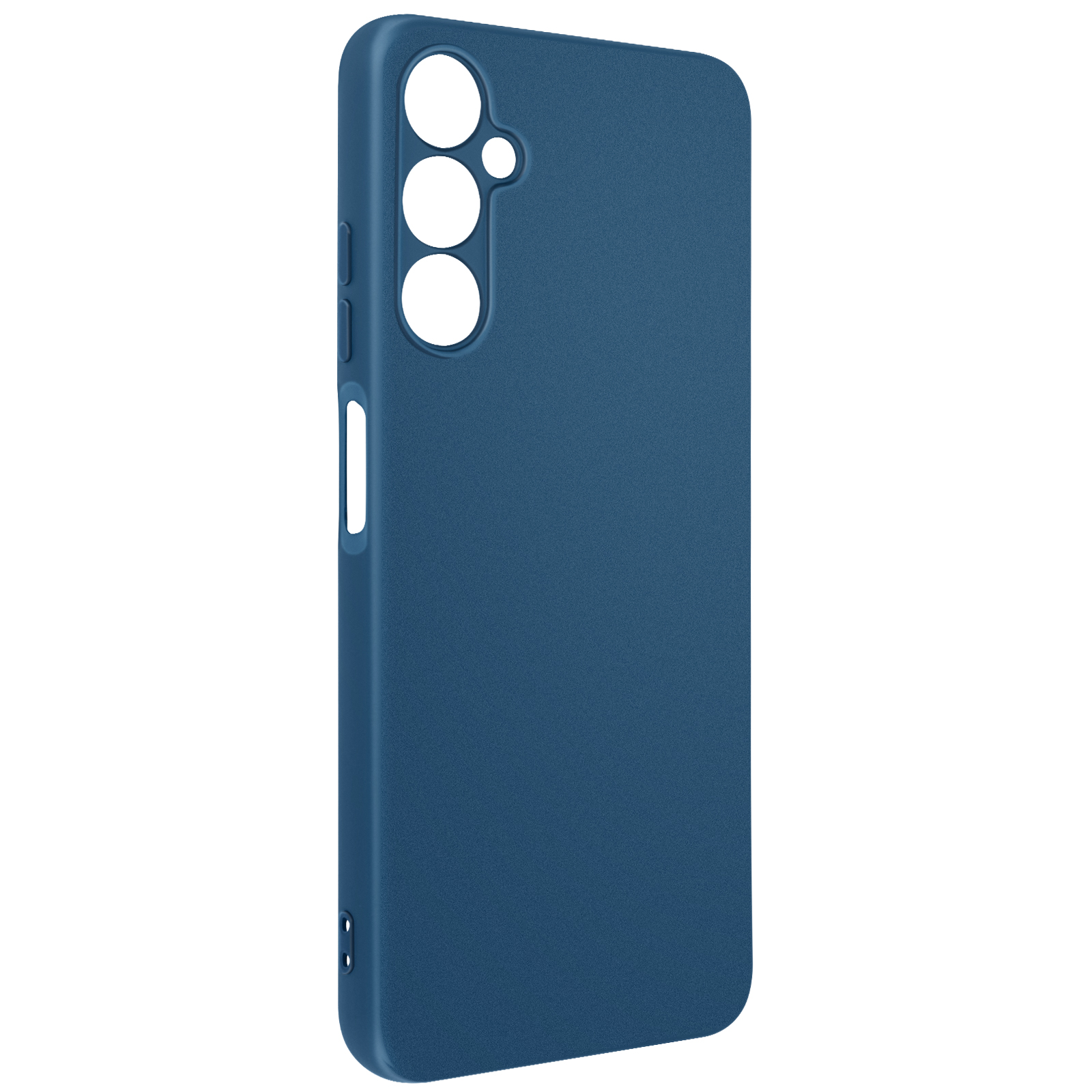 Funda azul para teléfono. Diseño liso, de color sólido, con recortes para cámara y botones.