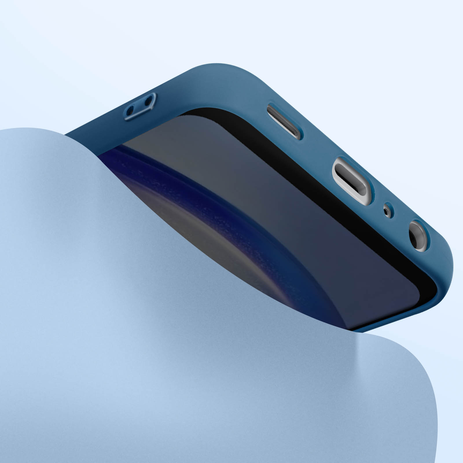 Funda azul para teléfono con el teléfono dentro, mostrando puertos y el lado del teléfono.