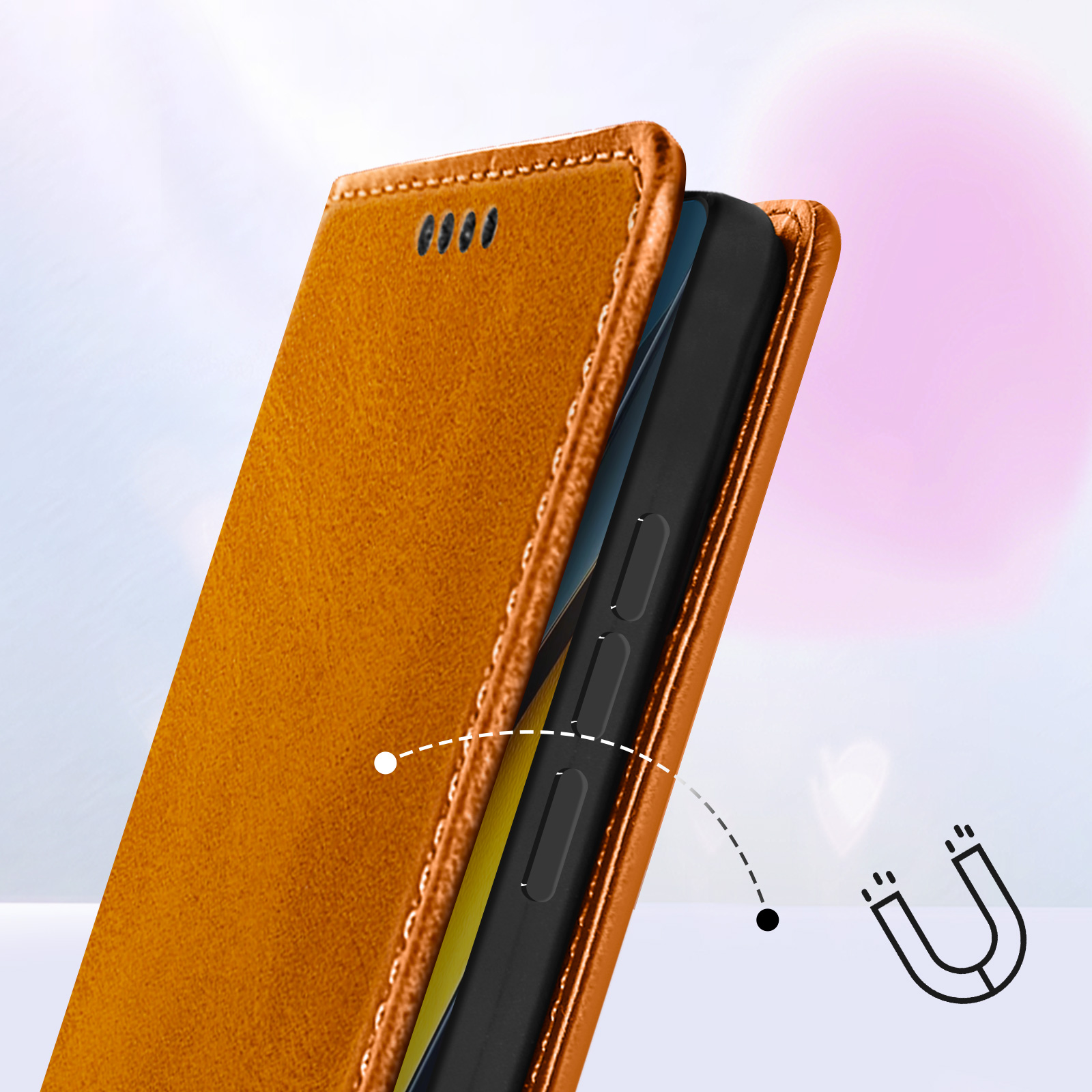 Custodia marrone per telefono con telefono nero all'interno, con simbolo del magnete.