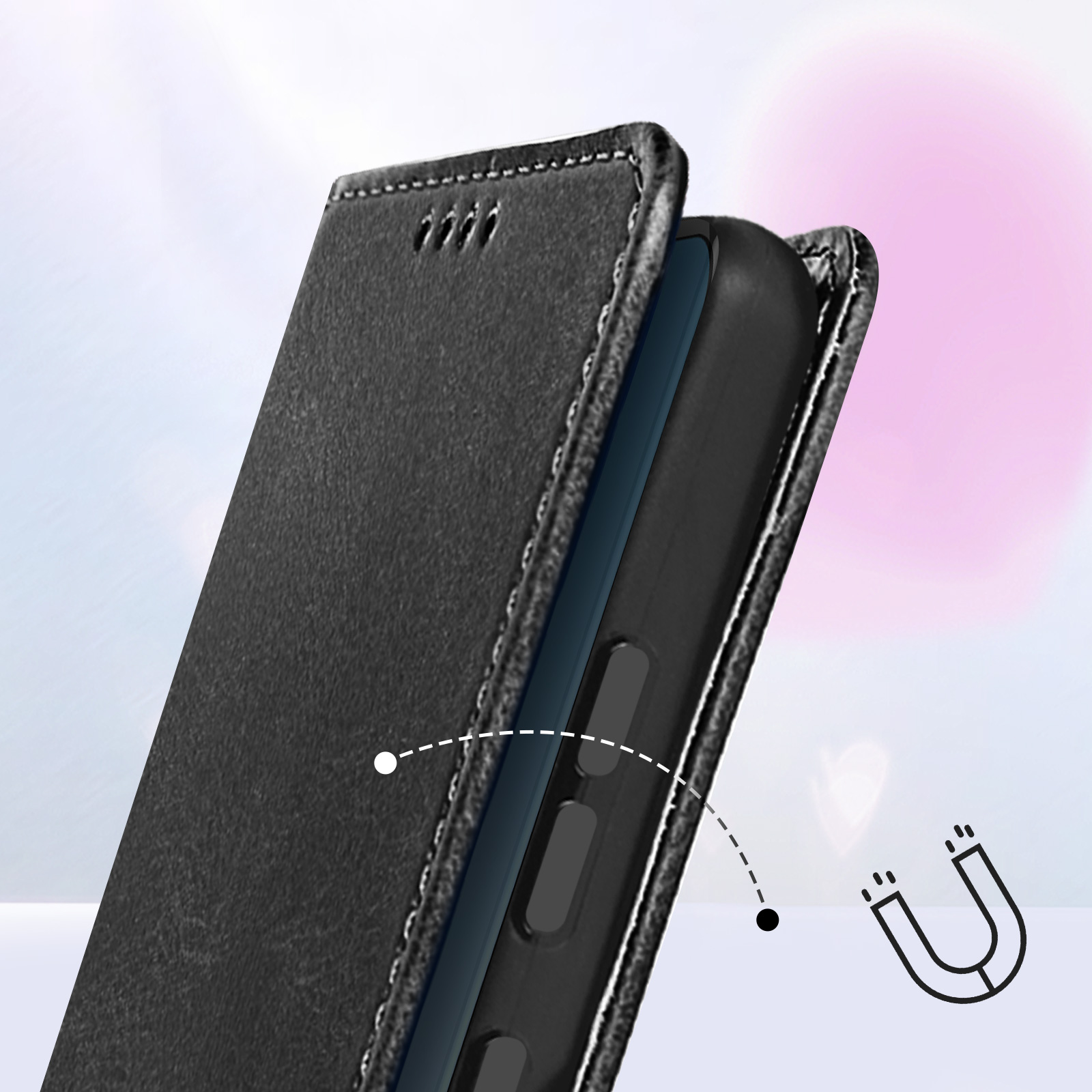 Custodia per telefono nera con chiusura magnetica, mostra un'icona a calamita.