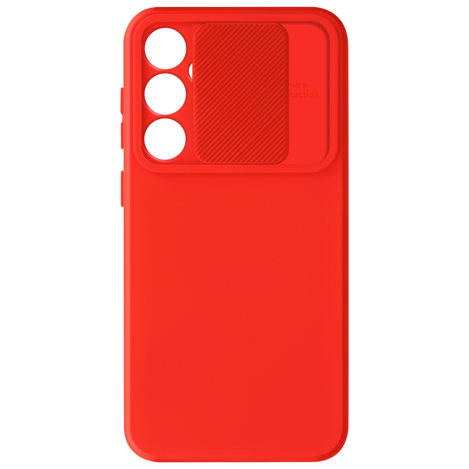 Custodia rossa per telefono con tre fori per fotocamera e coperchio scorrevole. La custodia è liscia e rossa.
