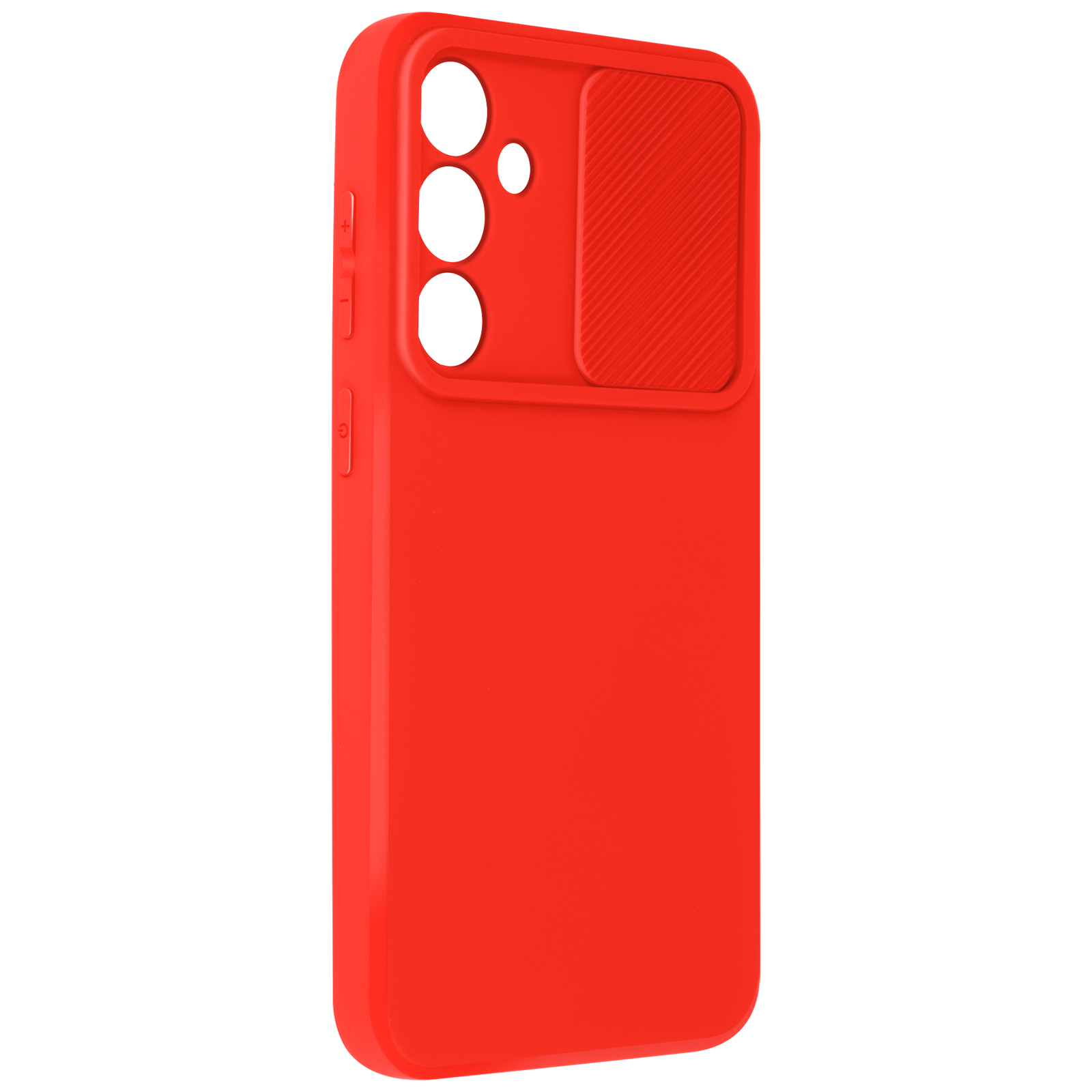 Custodia rossa per telefono con copertura fotocamera su sfondo bianco.