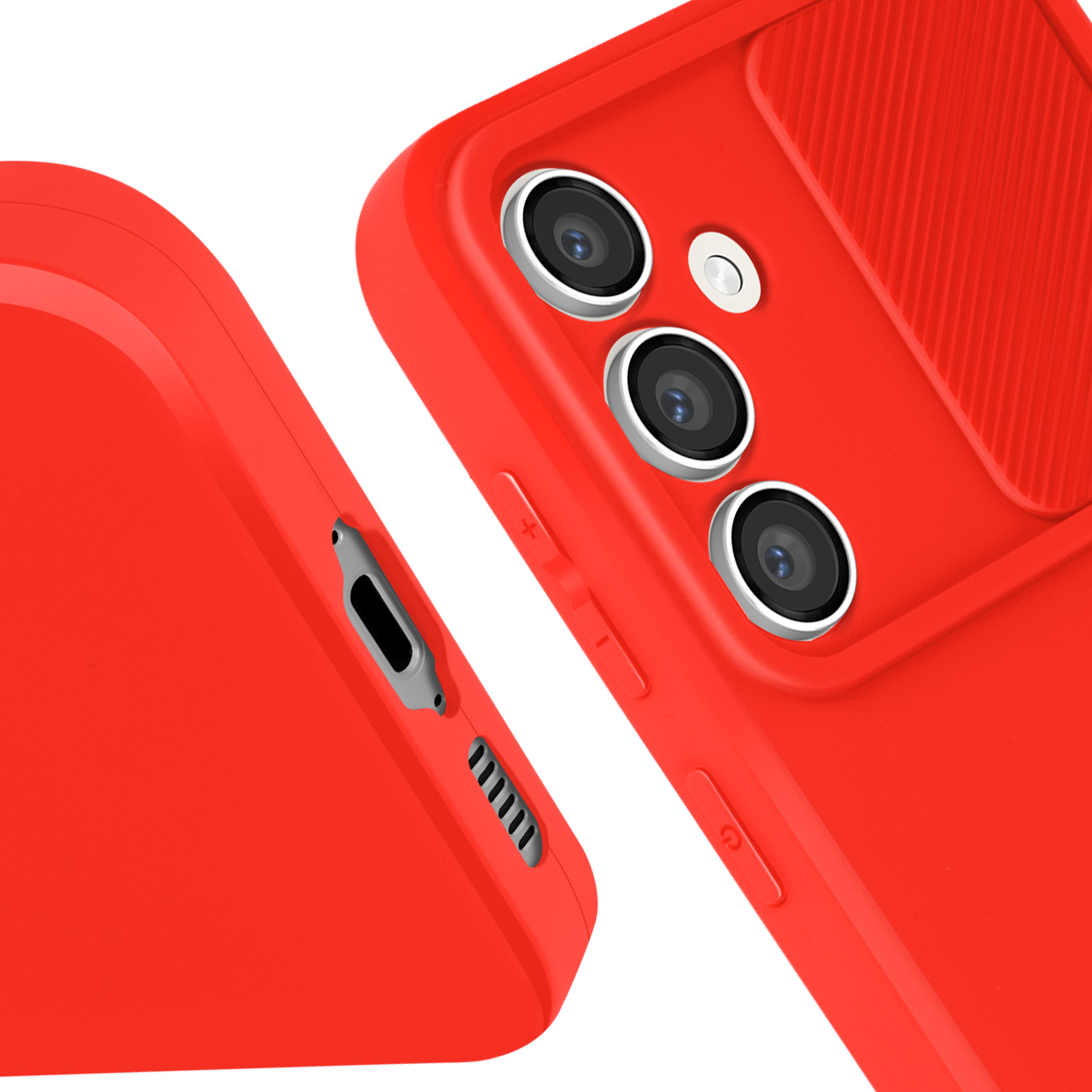 Primo piano di una custodia per telefono rossa. Le caratteristiche includono obiettivi della fotocamera, pulsanti e una porta per altoparlanti.