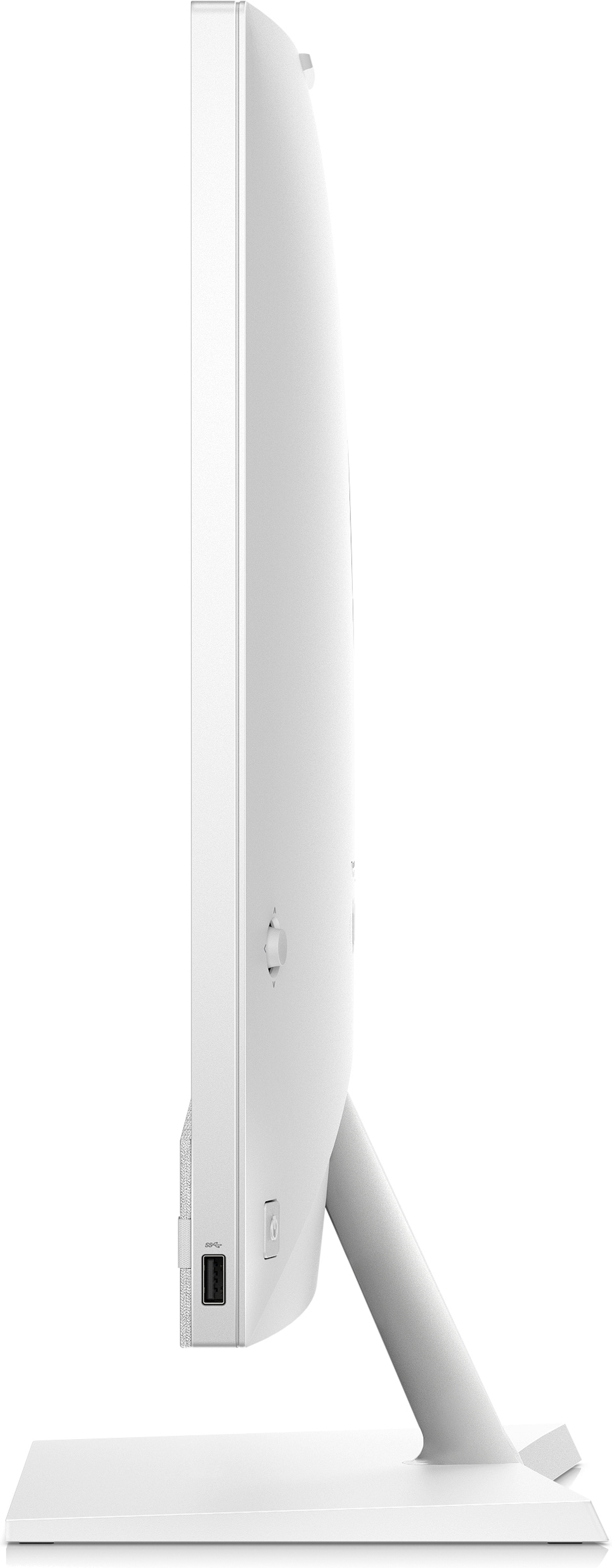 Biały monitor komputerowy, widok z boku. Ma podstawkę i złącza.