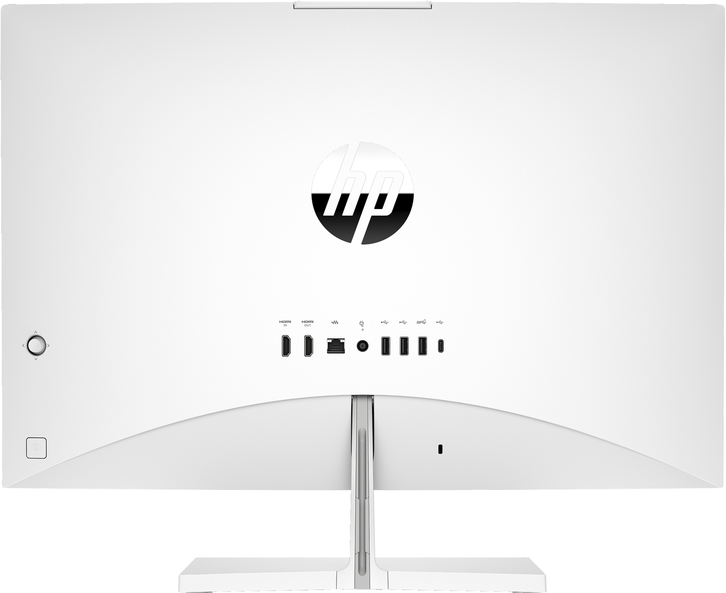 Tył białego ekranu komputera, pokazujący porty i logo HP.