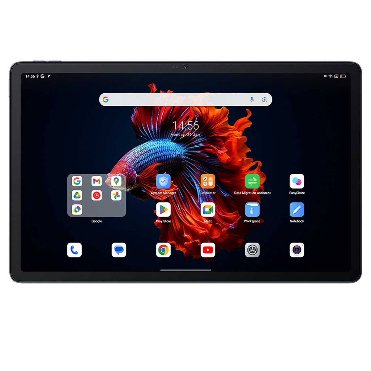 Un tablet nero con uno sfondo colorato di un pesce, che mostra app e l'ora.