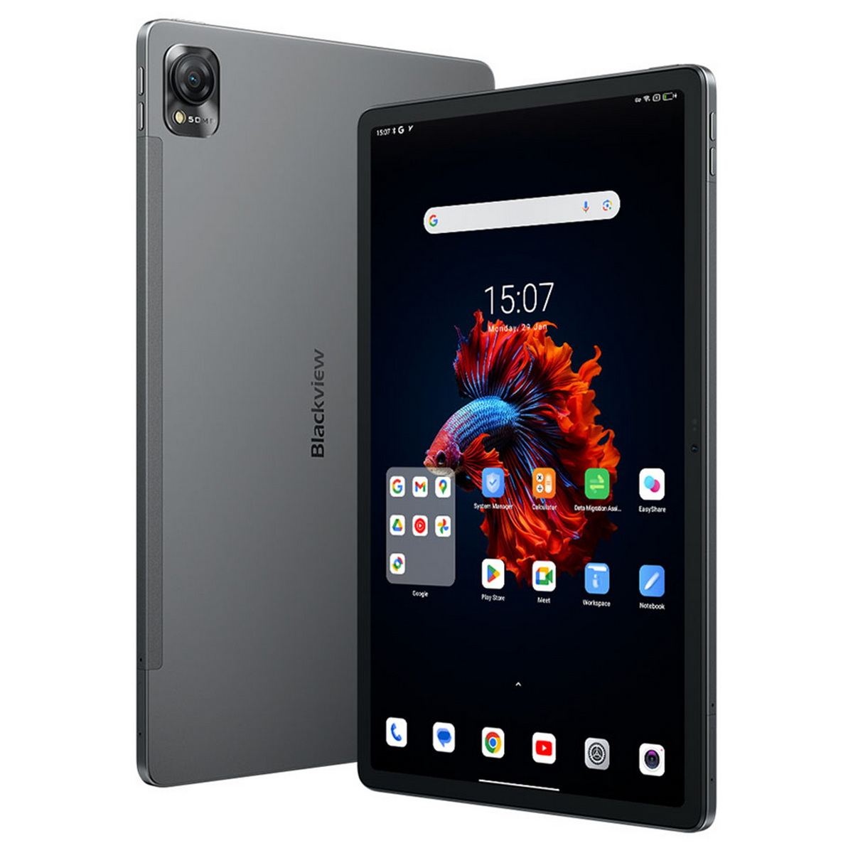 Tablet grigio con schermo nero che mostra icone delle app. Retro del tablet visibile, fotocamera.