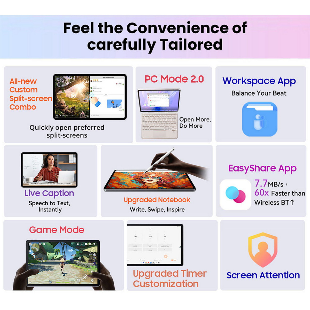 Un'immagine promozionale che mostra varie funzionalità del tablet, tra cui la modalità PC e Live Caption.