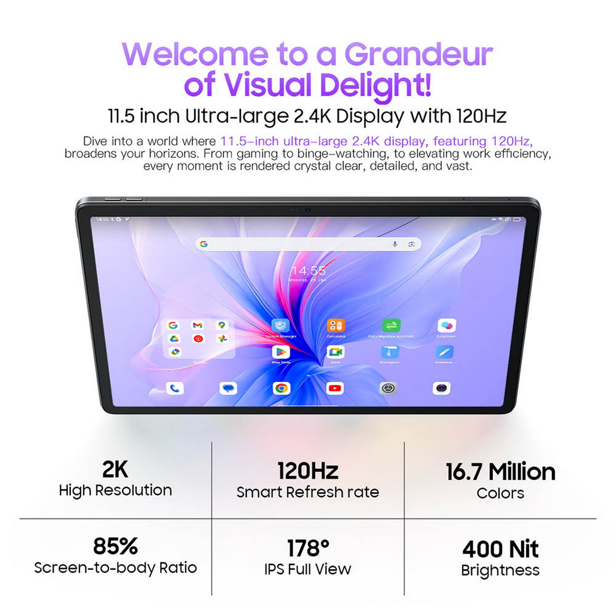 Un tablet con schermo colorato, che mostra app e un orologio, con testo sulle sue funzioni.