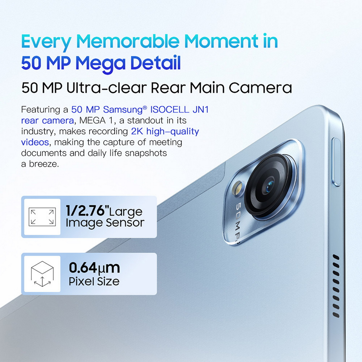 Dettaglio dello smartphone che mostra l'array di fotocamere e il testo, retro azzurro.