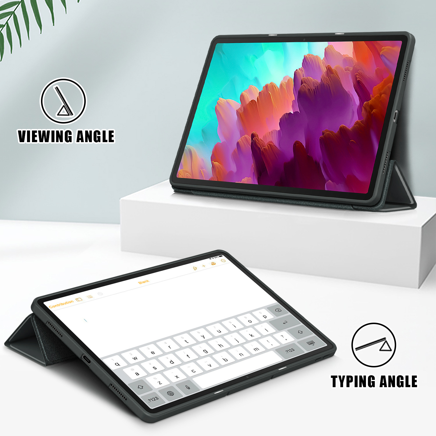 Tablet in einer schwarzen Hülle. Zwei Ansichten: Tippen und Betrachtungswinkel. Text: Betrachtungswinkel, Tippwinkel.
