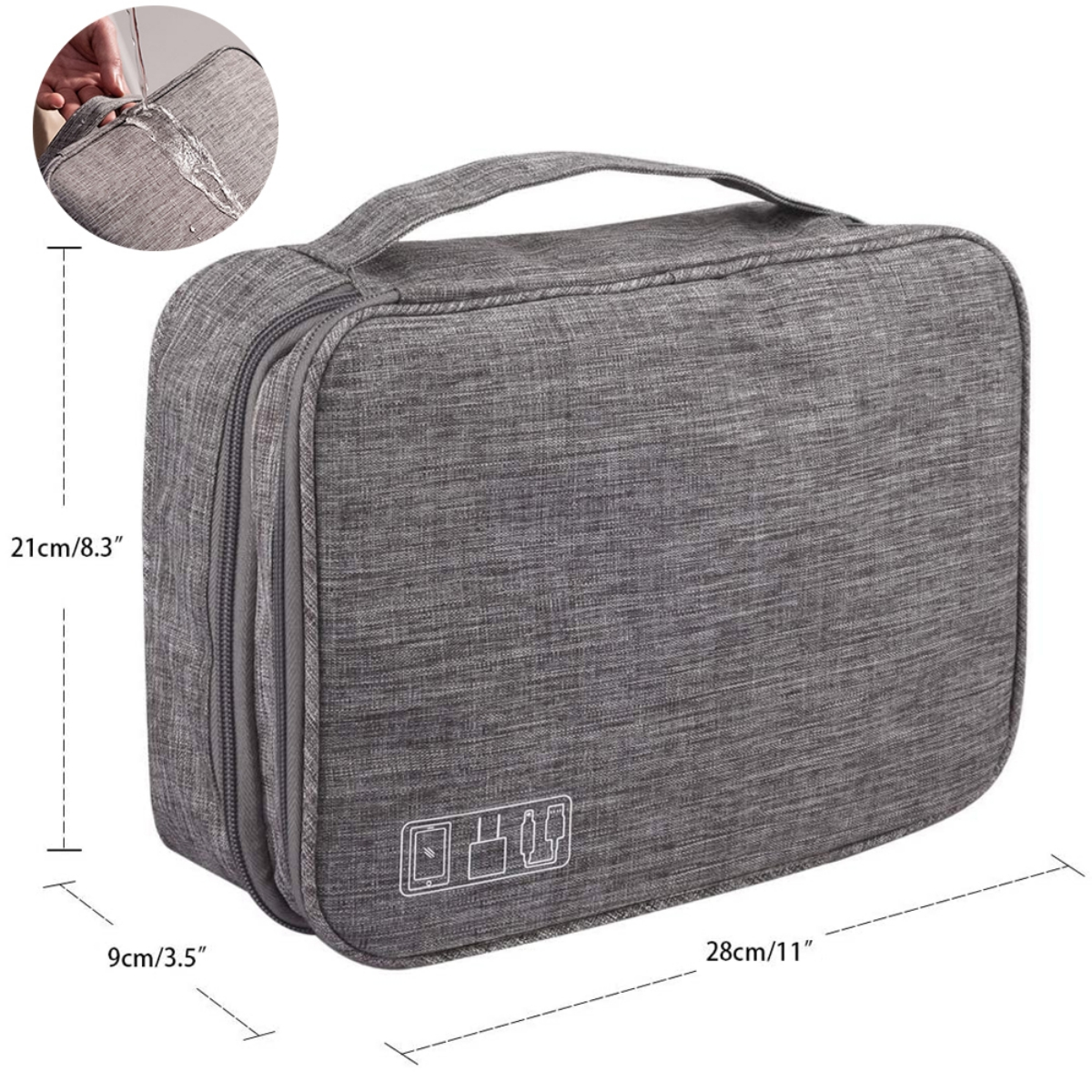 Graue Reise-Organizer-Tasche mit Maßen und Reißverschlussdetail oben.
