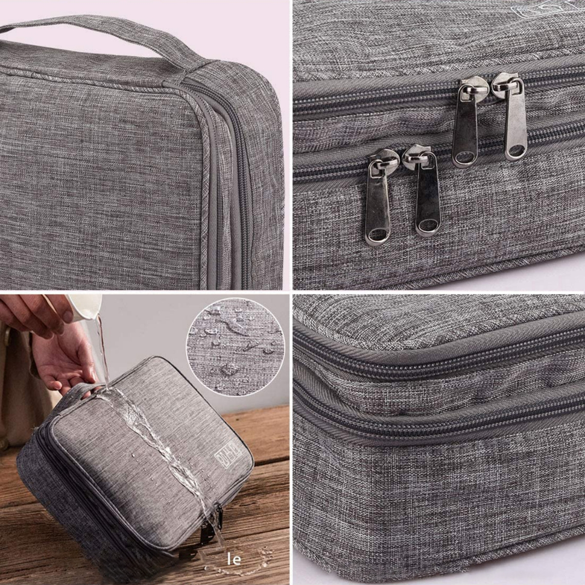 Mehrere Bilder einer grauen Reisetasche. Zeigt Griff, Reißverschlüsse und Wasserbeständigkeit.