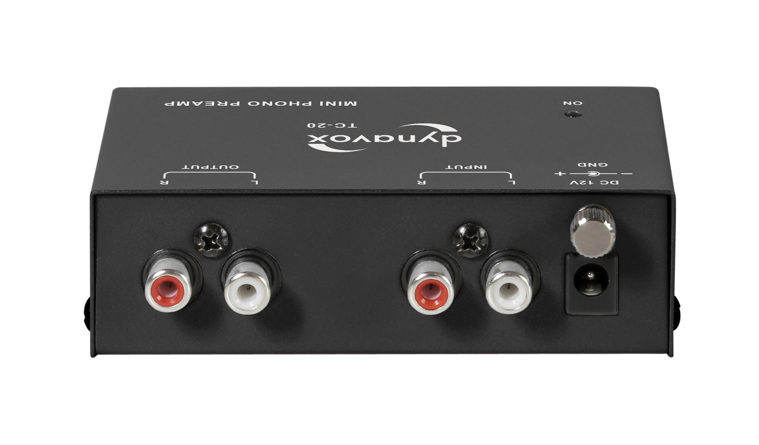 Schwarzer Dynavox Mini Phono Preamp, beschriftet mit Ein-/Ausgängen und einem DC-Stromeingang.