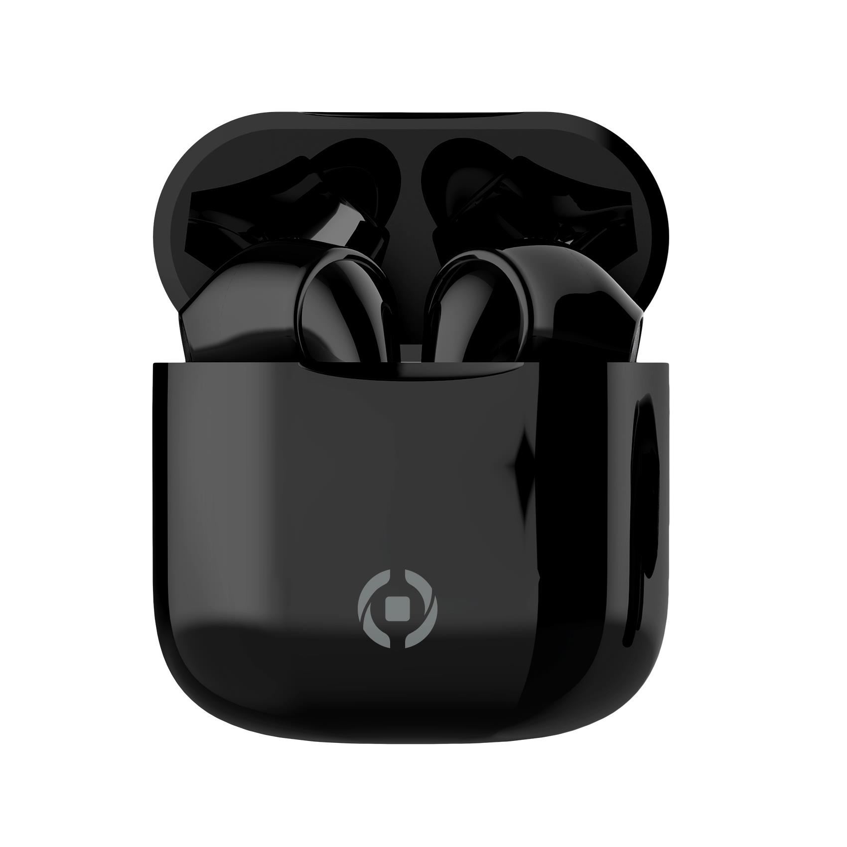 Auricolari wireless neri nella loro custodia di ricarica, con un logo sulla custodia.