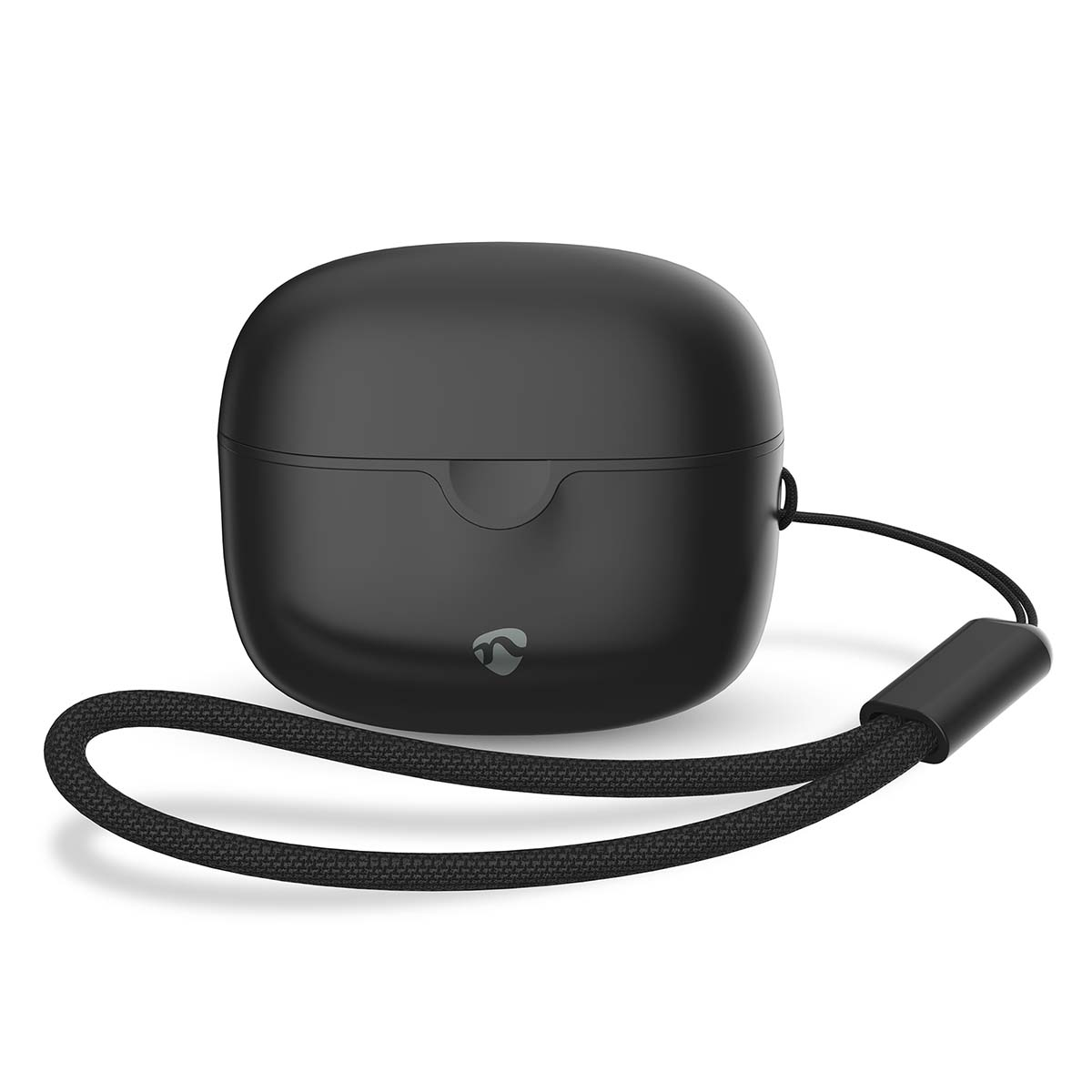 Schwarzes Kopfhörergehäuse mit schwarzem Kabel.