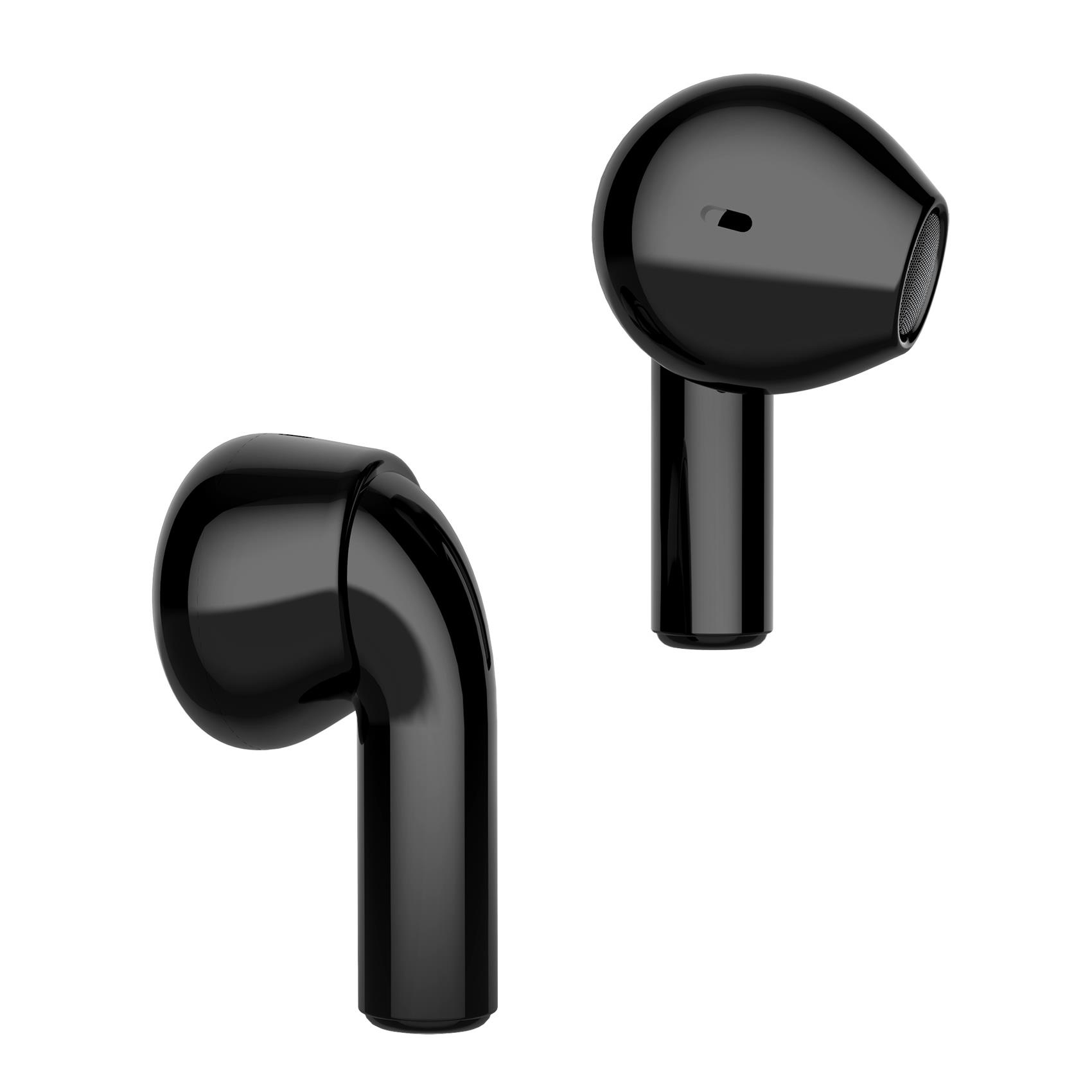 Due auricolari wireless neri. Lo sfondo è bianco.
