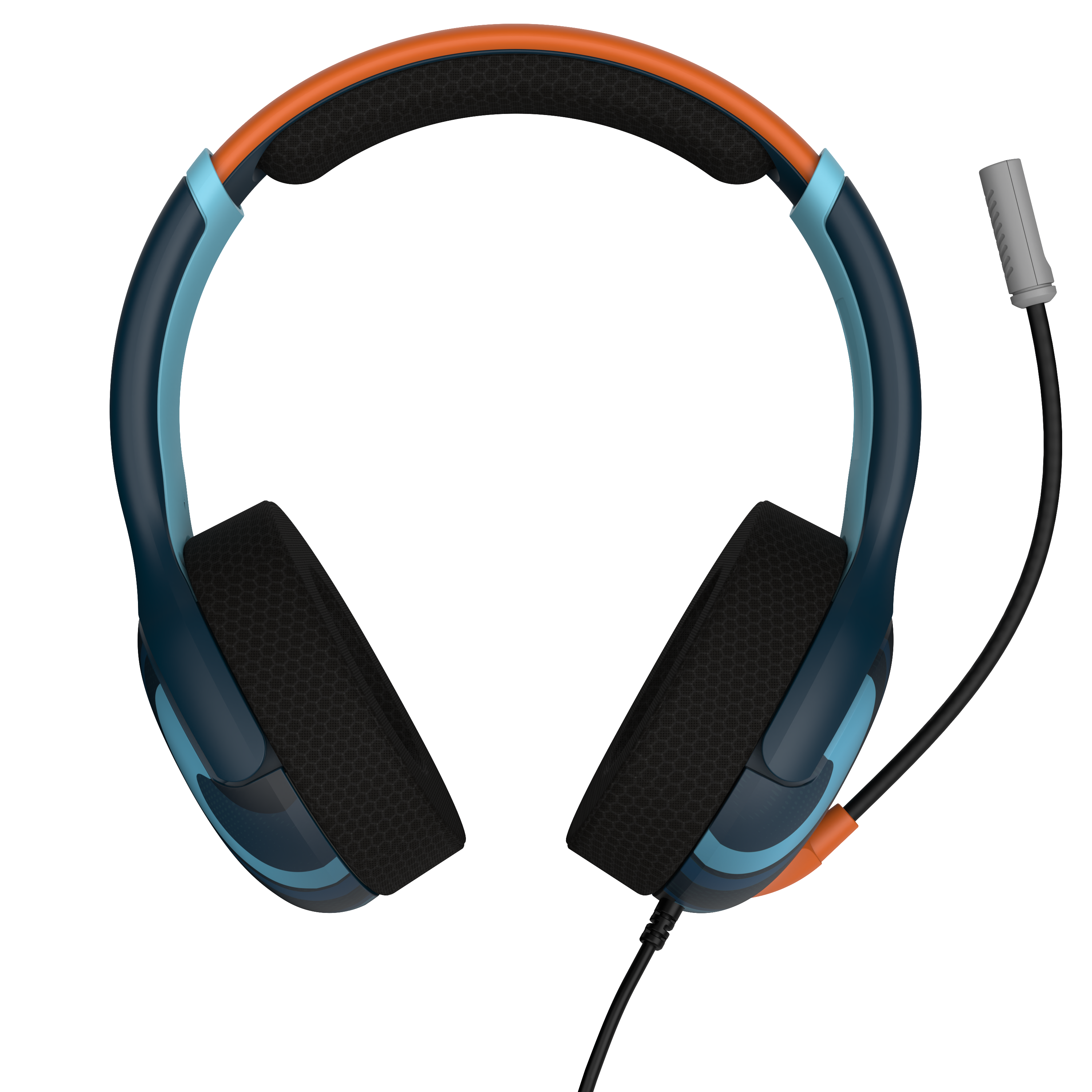 Niebieskie i czarne słuchawki z mikrofonem na czarnym tle.